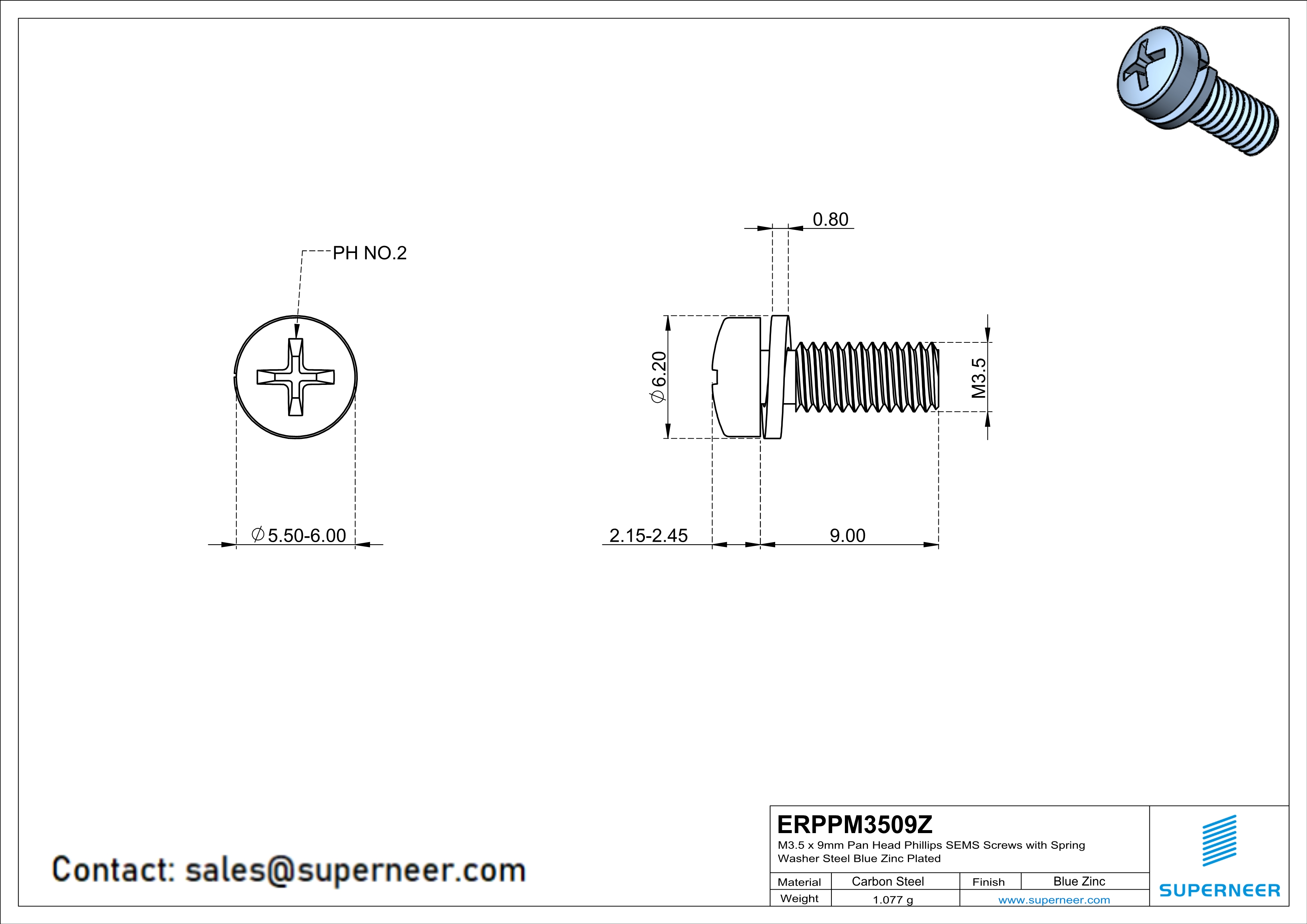 M3.5 x 9mm Pan Head Phillips SEMS Screws with Spring Washer Steel Blue Zinc Plated