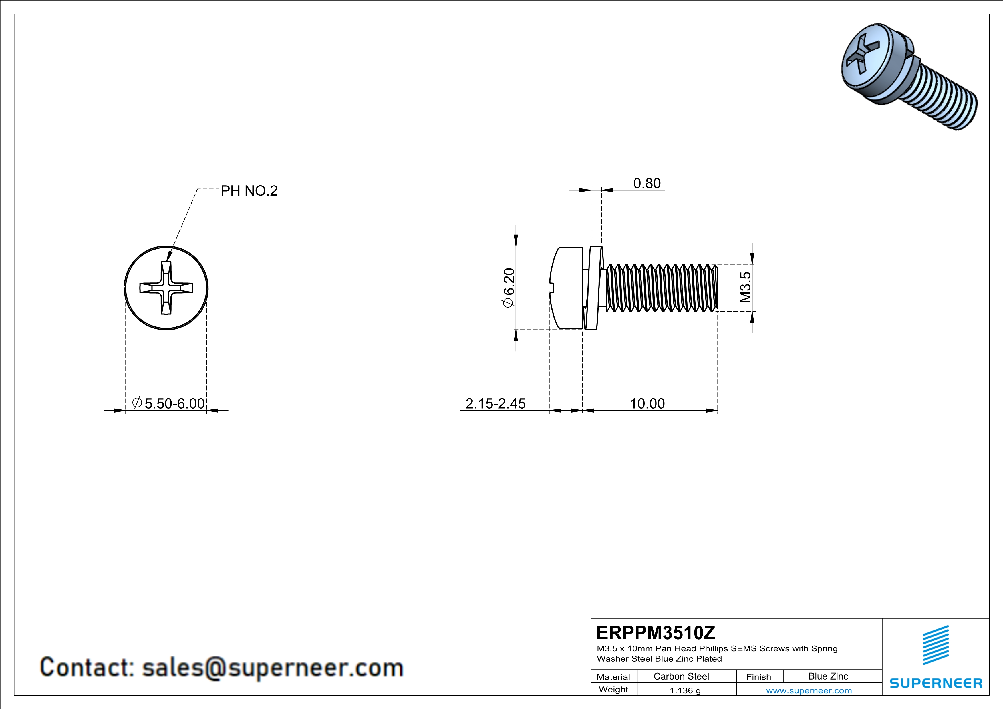 M3.5 x 10mm Pan Head Phillips SEMS Screws with Spring Washer Steel Blue Zinc Plated