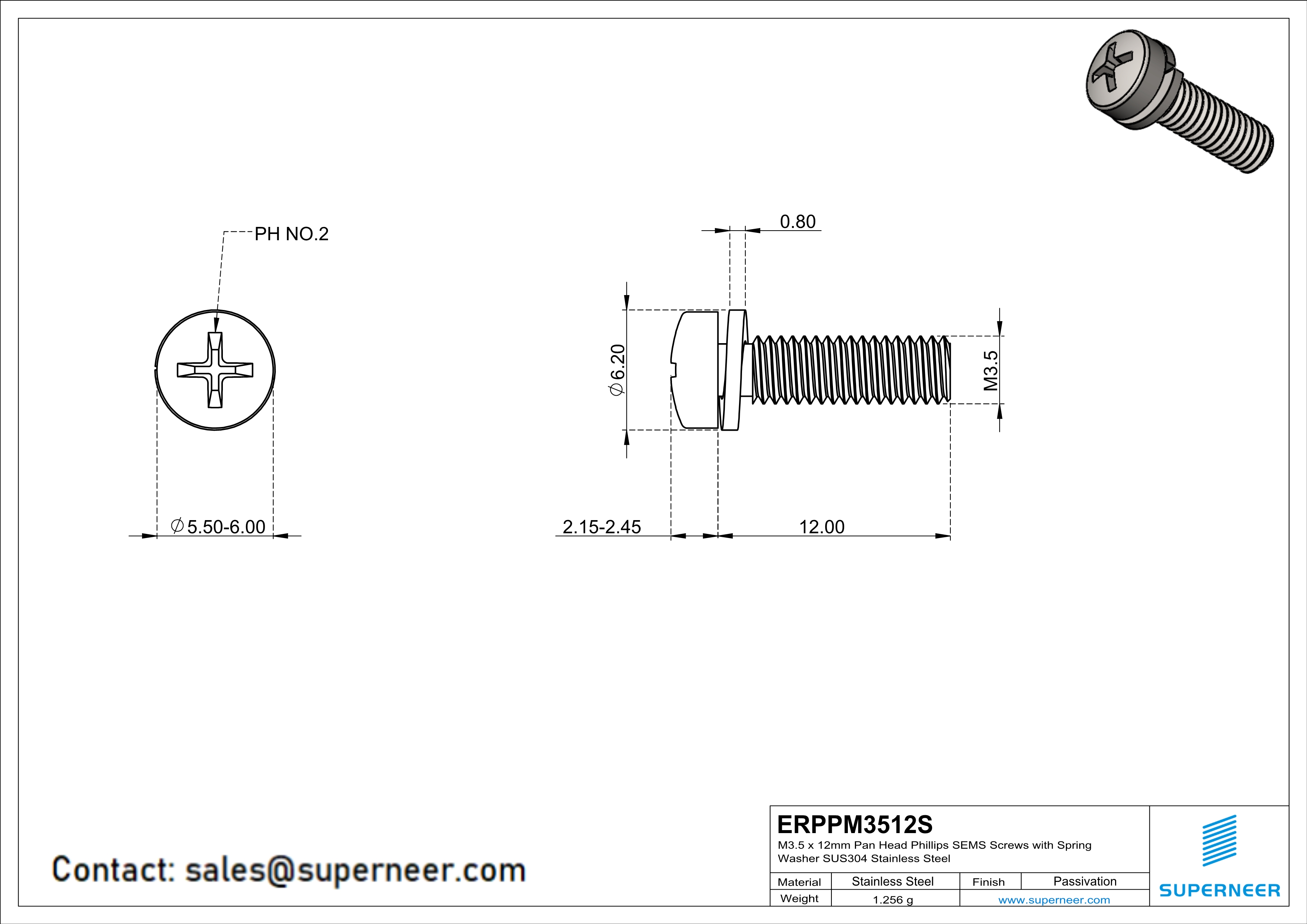 M3.5 x 12mm Pan Head Phillips SEMS Screws with Spring Washer SUS304 Stainless Steel Inox