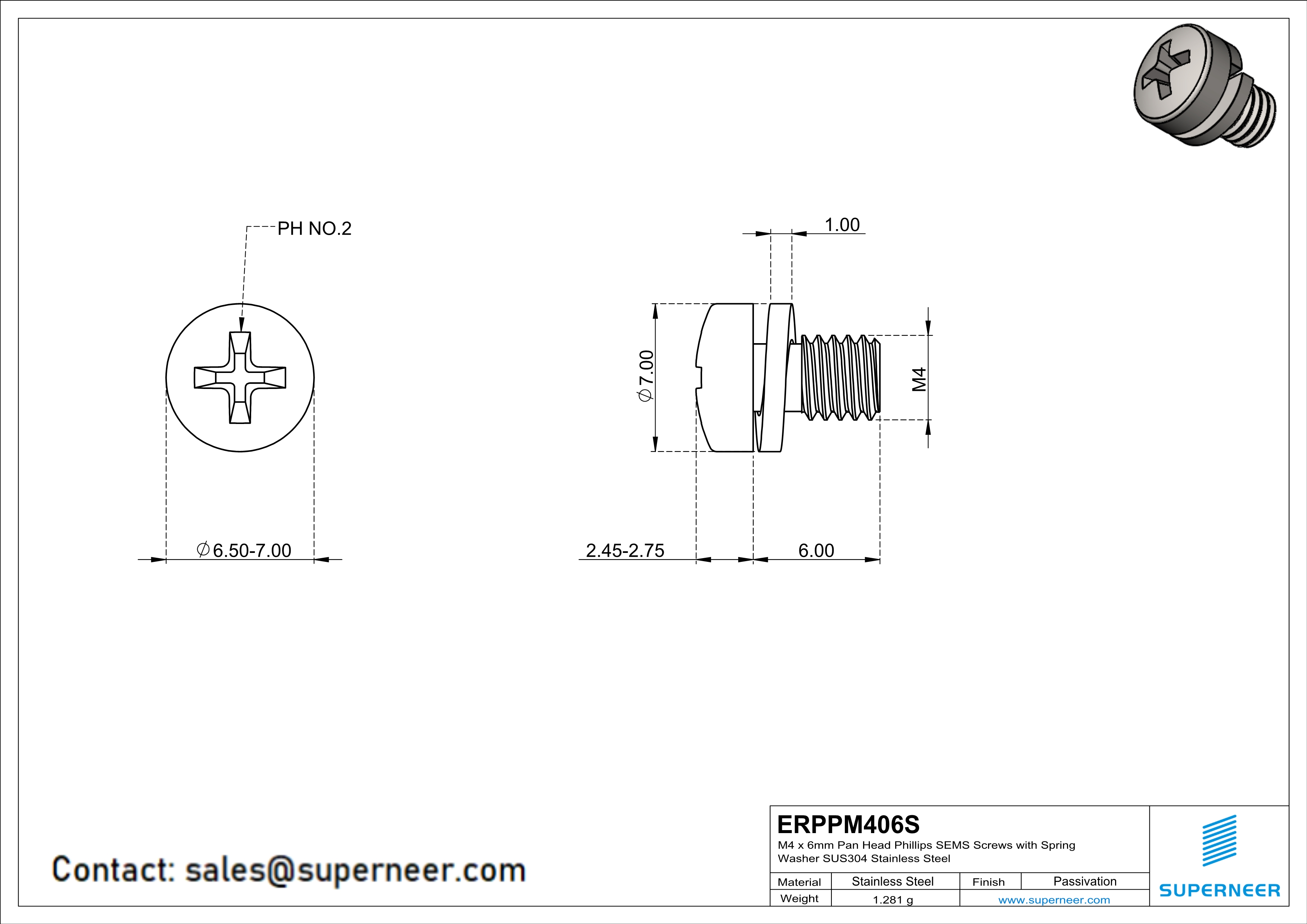 M4 x 6mm Pan Head Phillips SEMS Screws with Spring Washer SUS304 Stainless Steel Inox