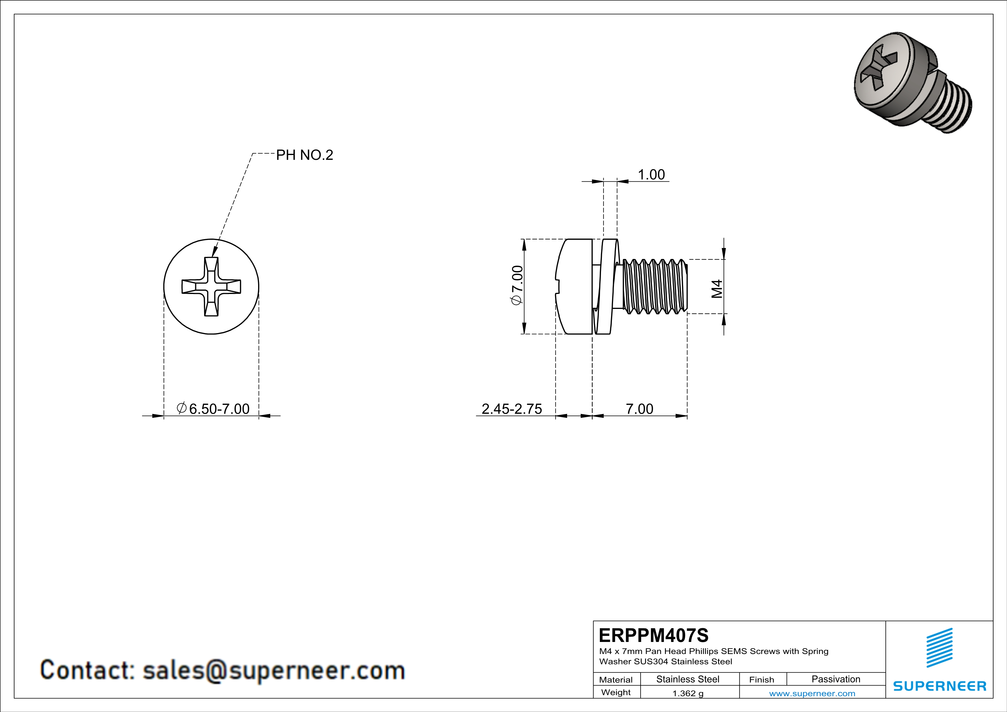 M4 x 7mm Pan Head Phillips SEMS Screws with Spring Washer SUS304 Stainless Steel Inox