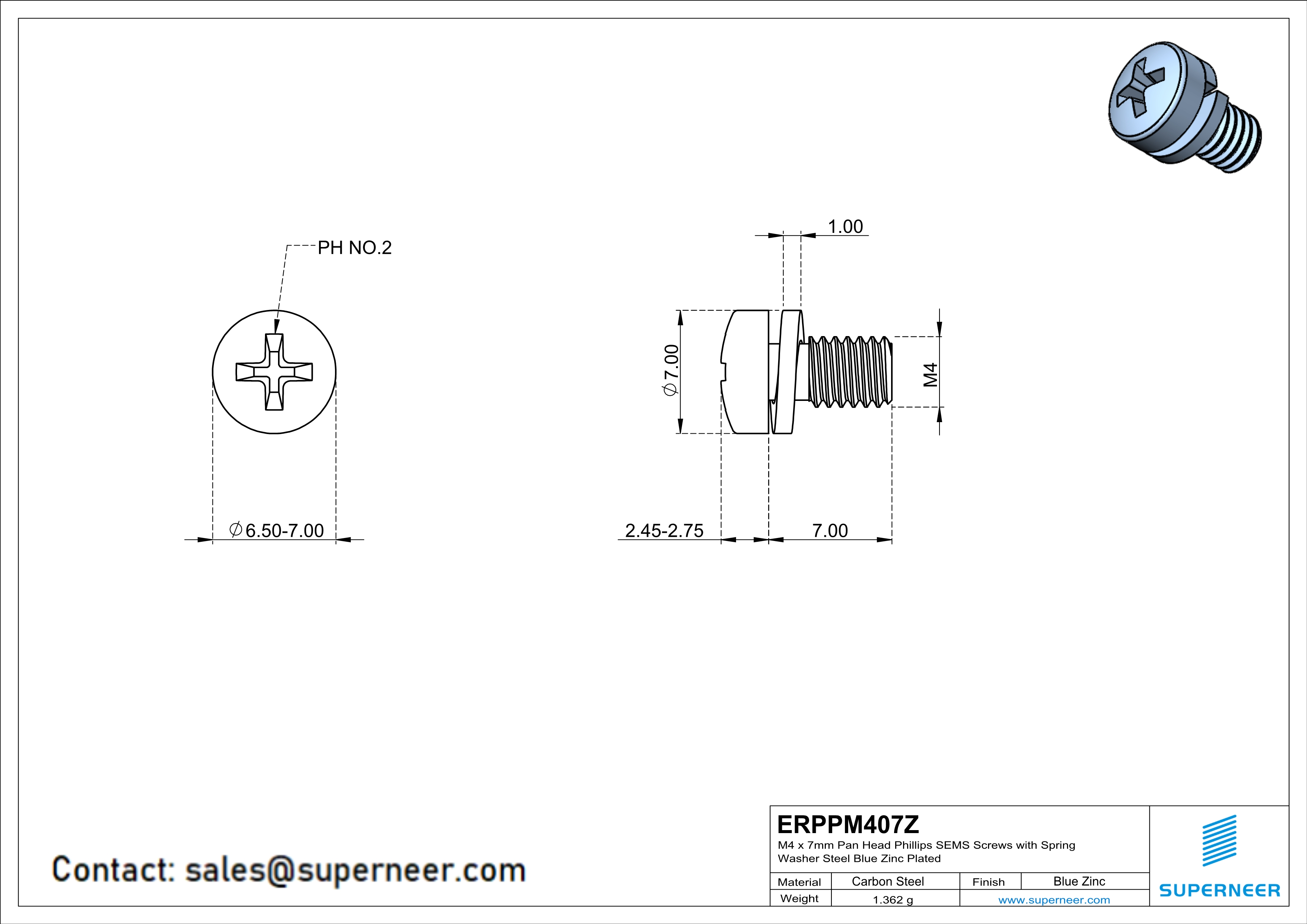 M4 x 7mm Pan Head Phillips SEMS Screws with Spring Washer Steel Blue Zinc Plated