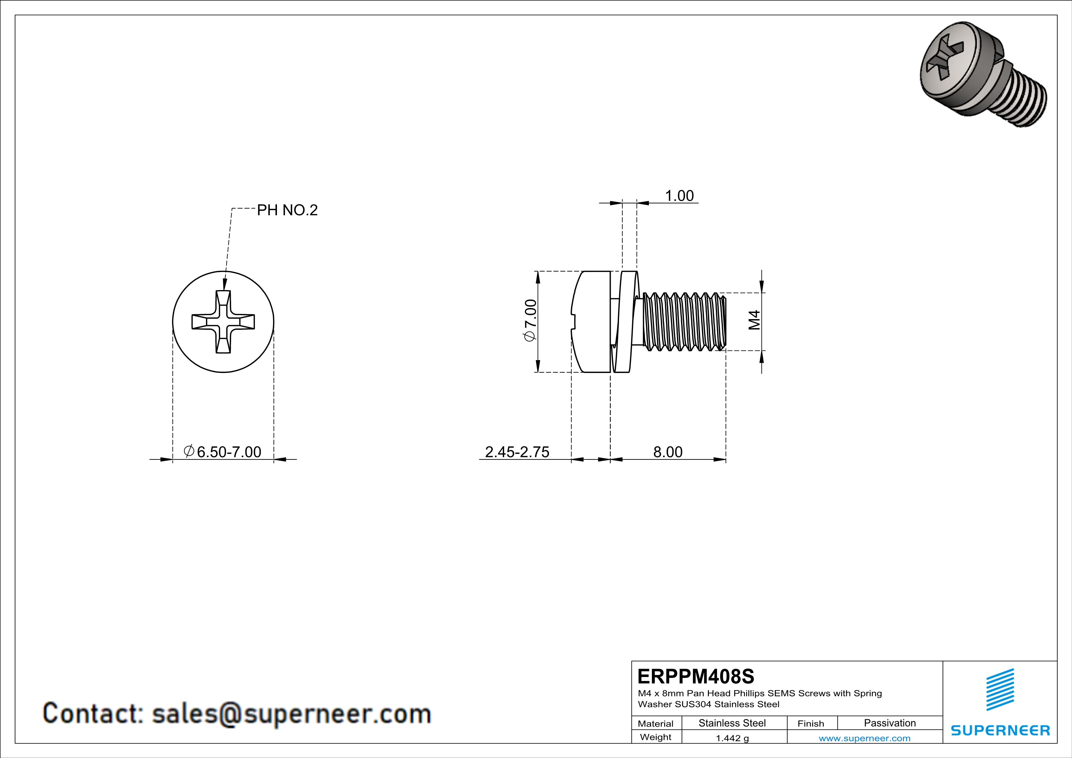 M4 x 8mm Pan Head Phillips SEMS Screws with Spring Washer SUS304 Stainless Steel Inox