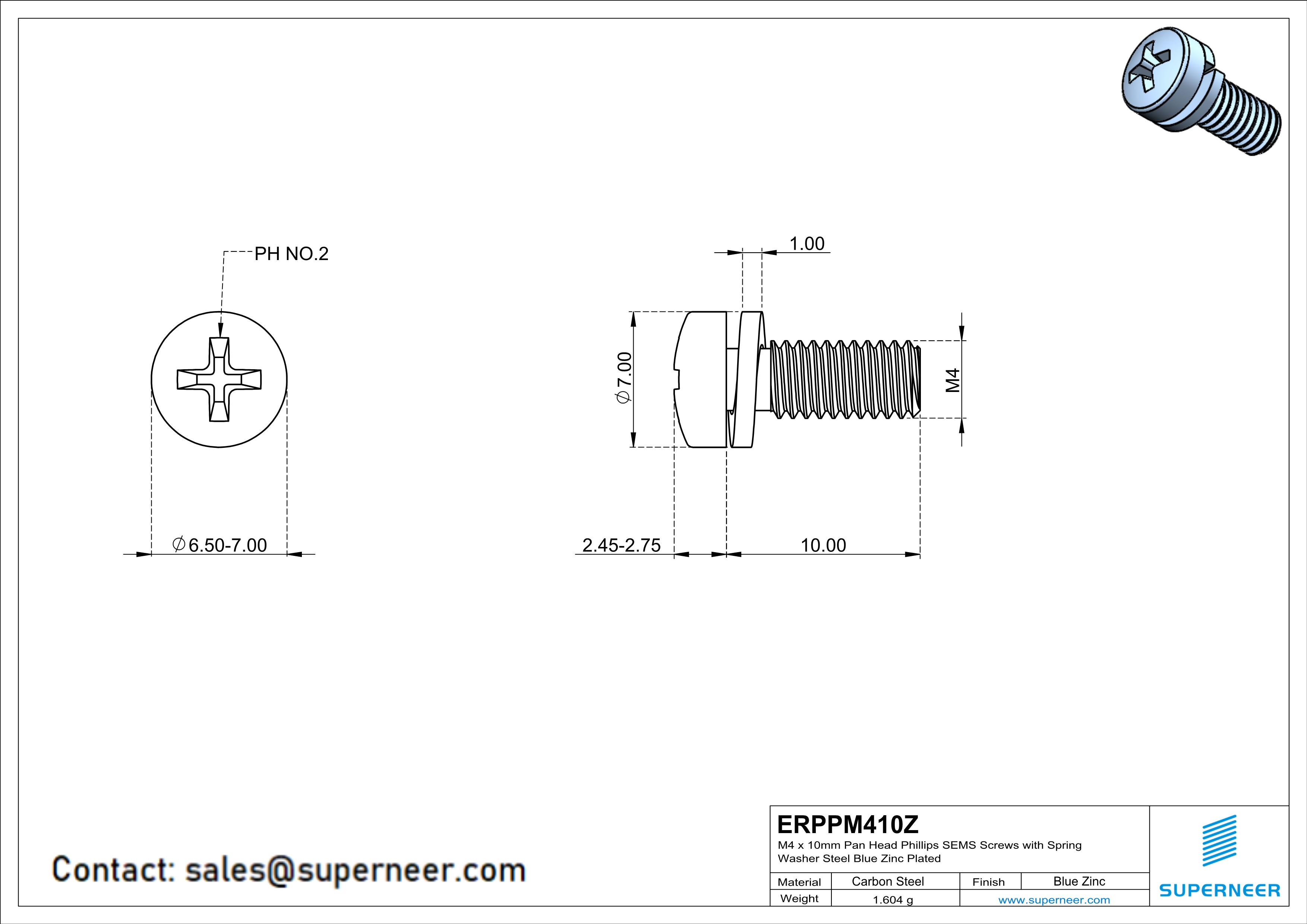 M4 x 10mm Pan Head Phillips SEMS Screws with Spring Washer Steel Blue Zinc Plated