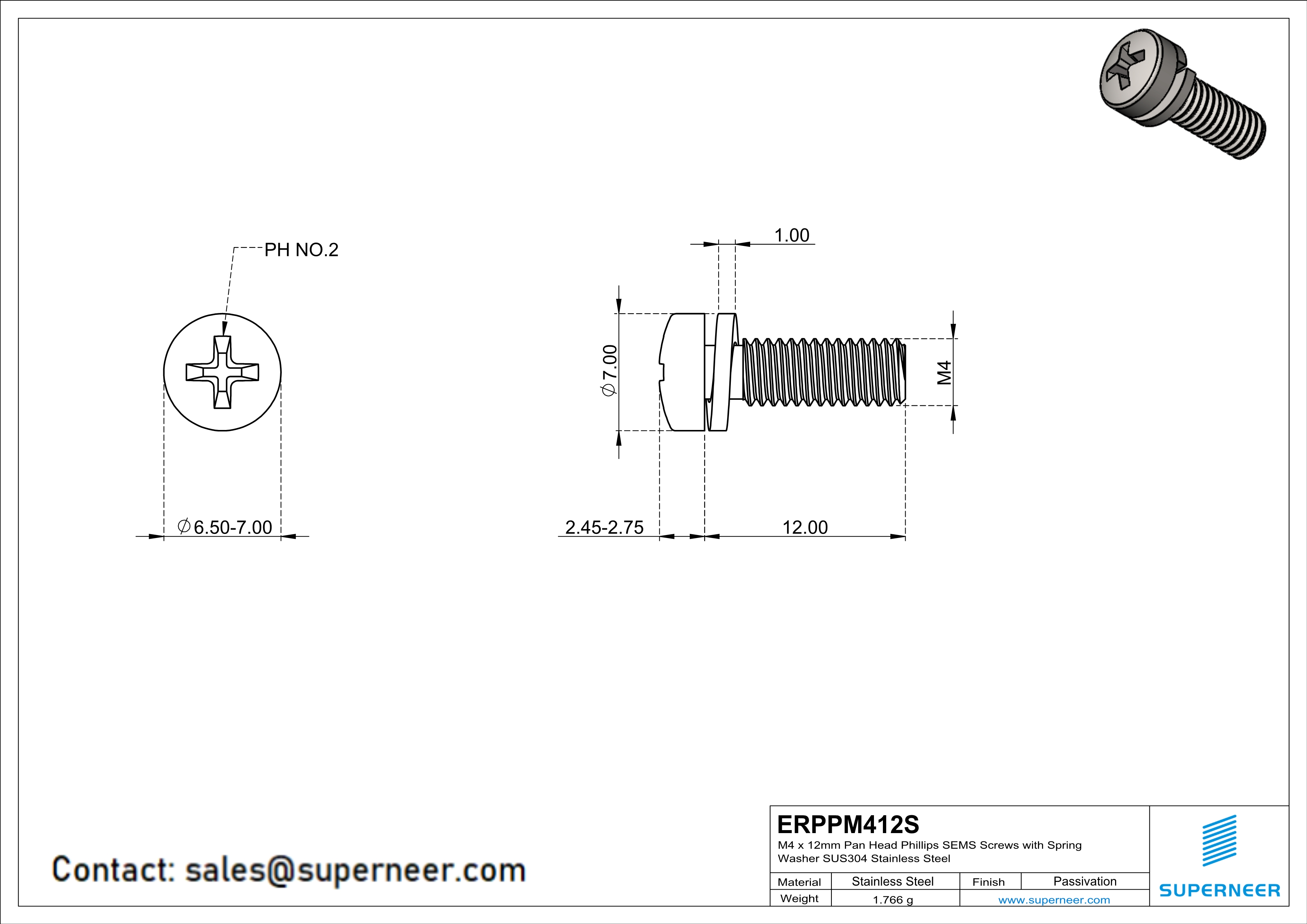 M4 x 12mm Pan Head Phillips SEMS Screws with Spring Washer SUS304 Stainless Steel Inox