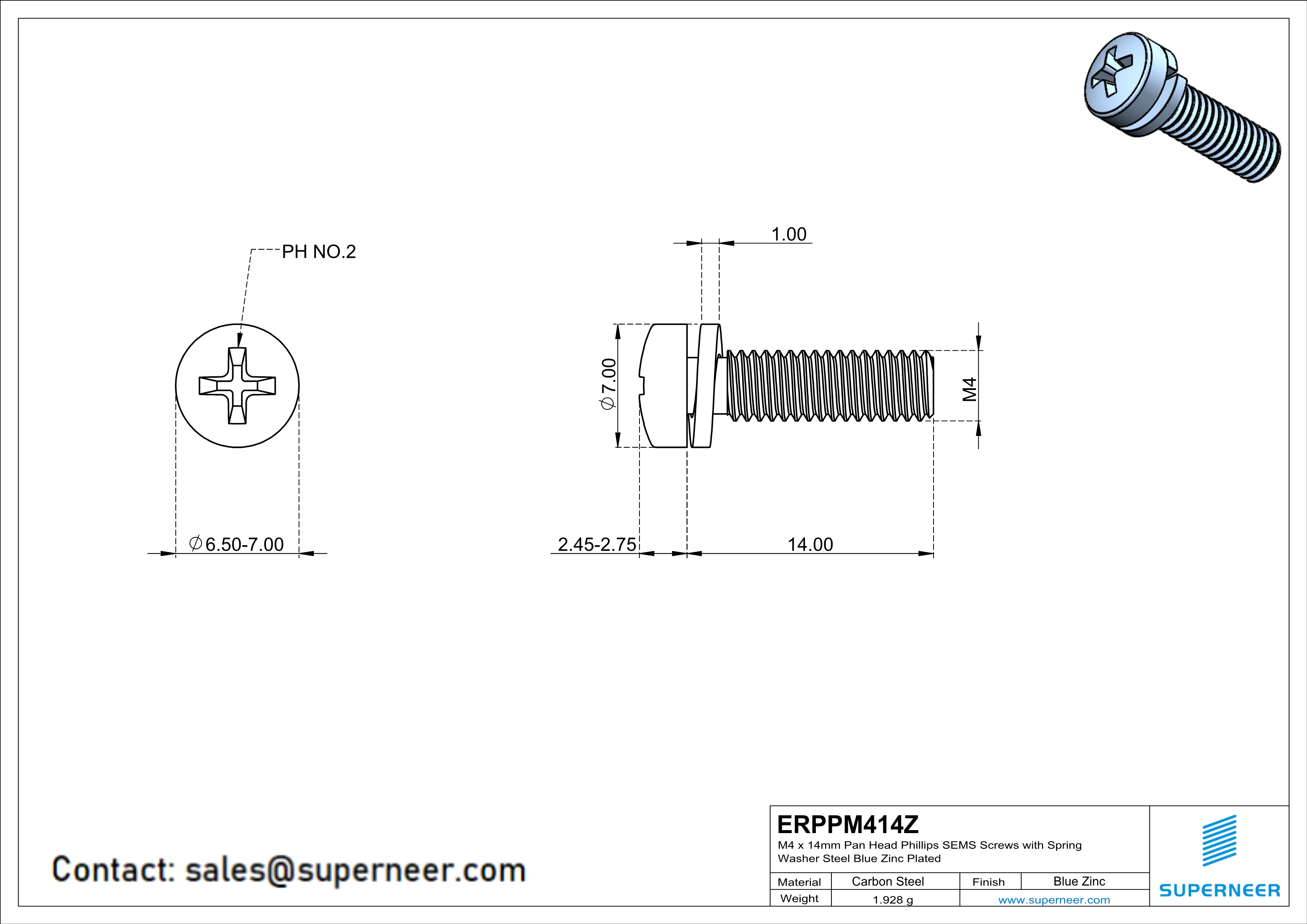 M4 x 14mm Pan Head Phillips SEMS Screws with Spring Washer Steel Blue Zinc Plated