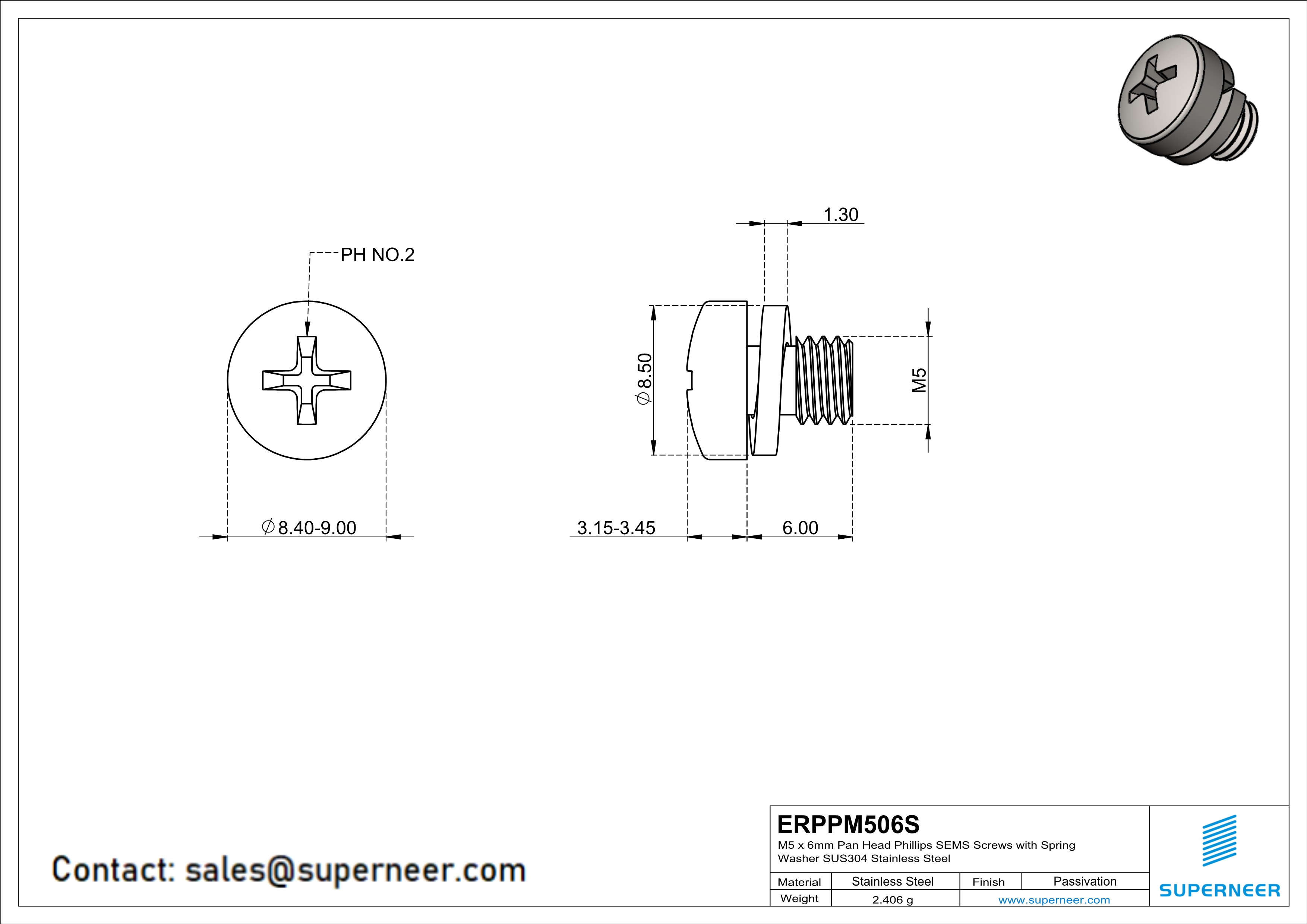 M5 x 6mm Pan Head Phillips SEMS Screws with Spring Washer SUS304 Stainless Steel Inox