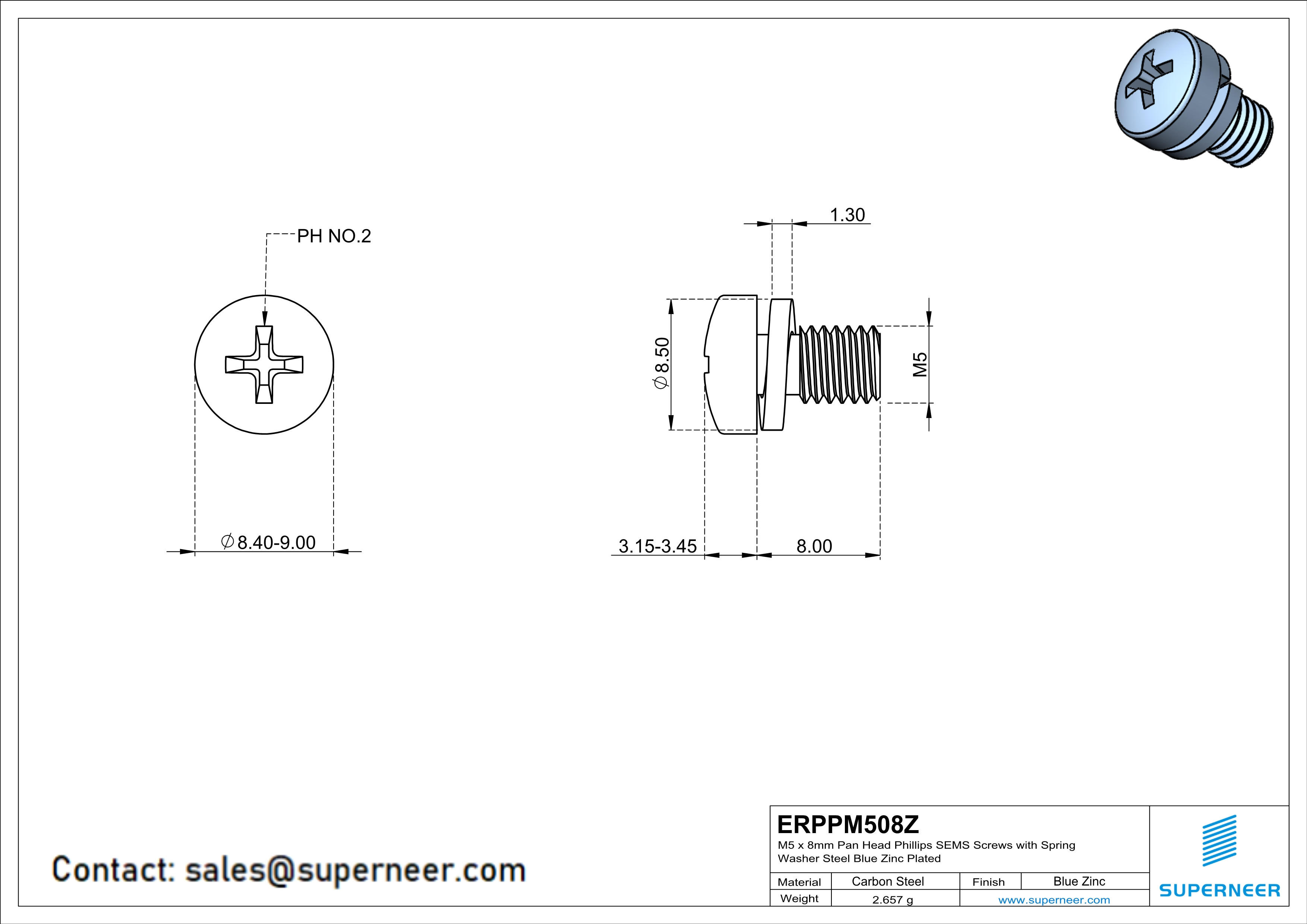 M5 x 8mm Pan Head Phillips SEMS Screws with Spring Washer Steel Blue Zinc Plated