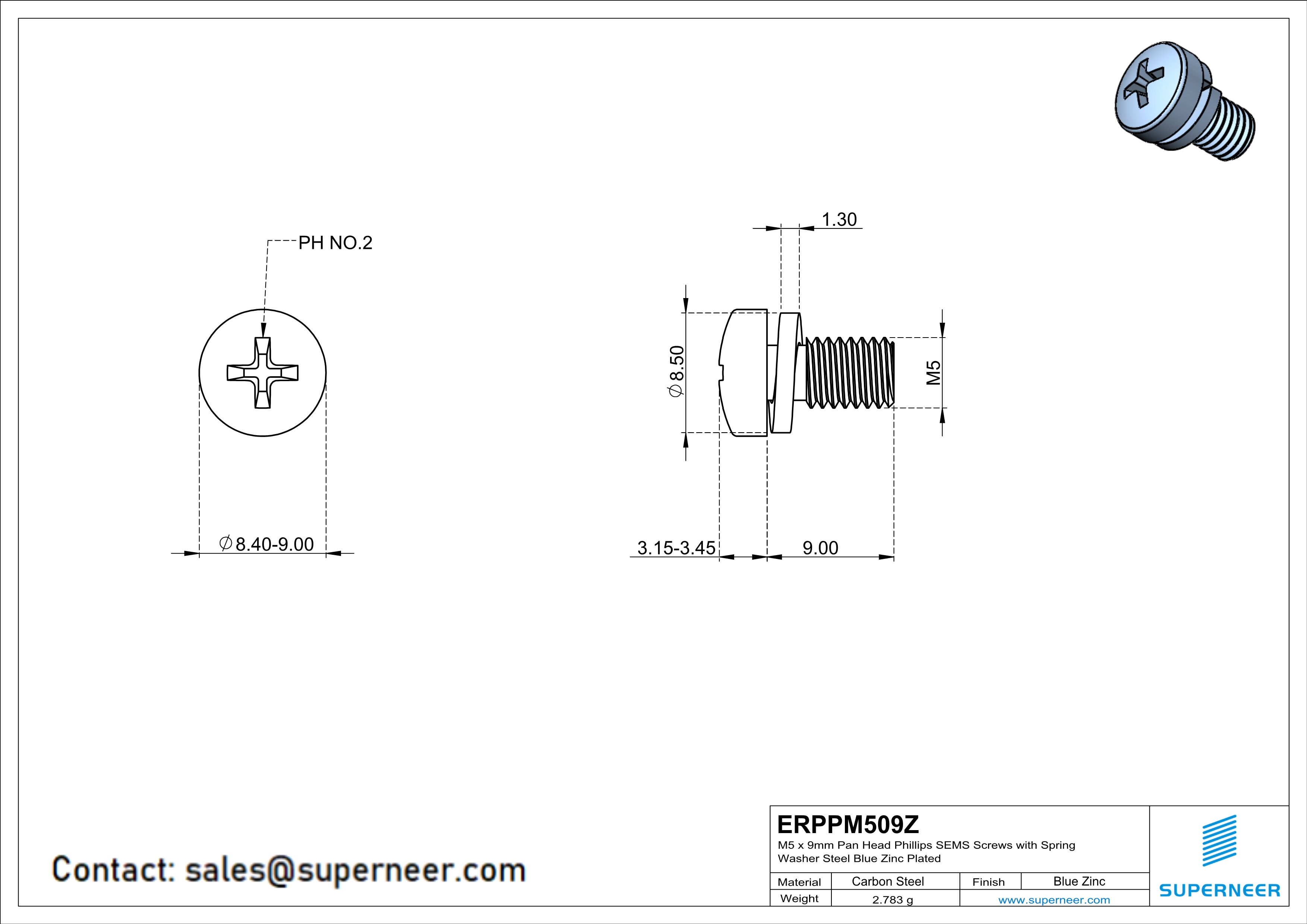 M5 x 9mm Pan Head Phillips SEMS Screws with Spring Washer Steel Blue Zinc Plated