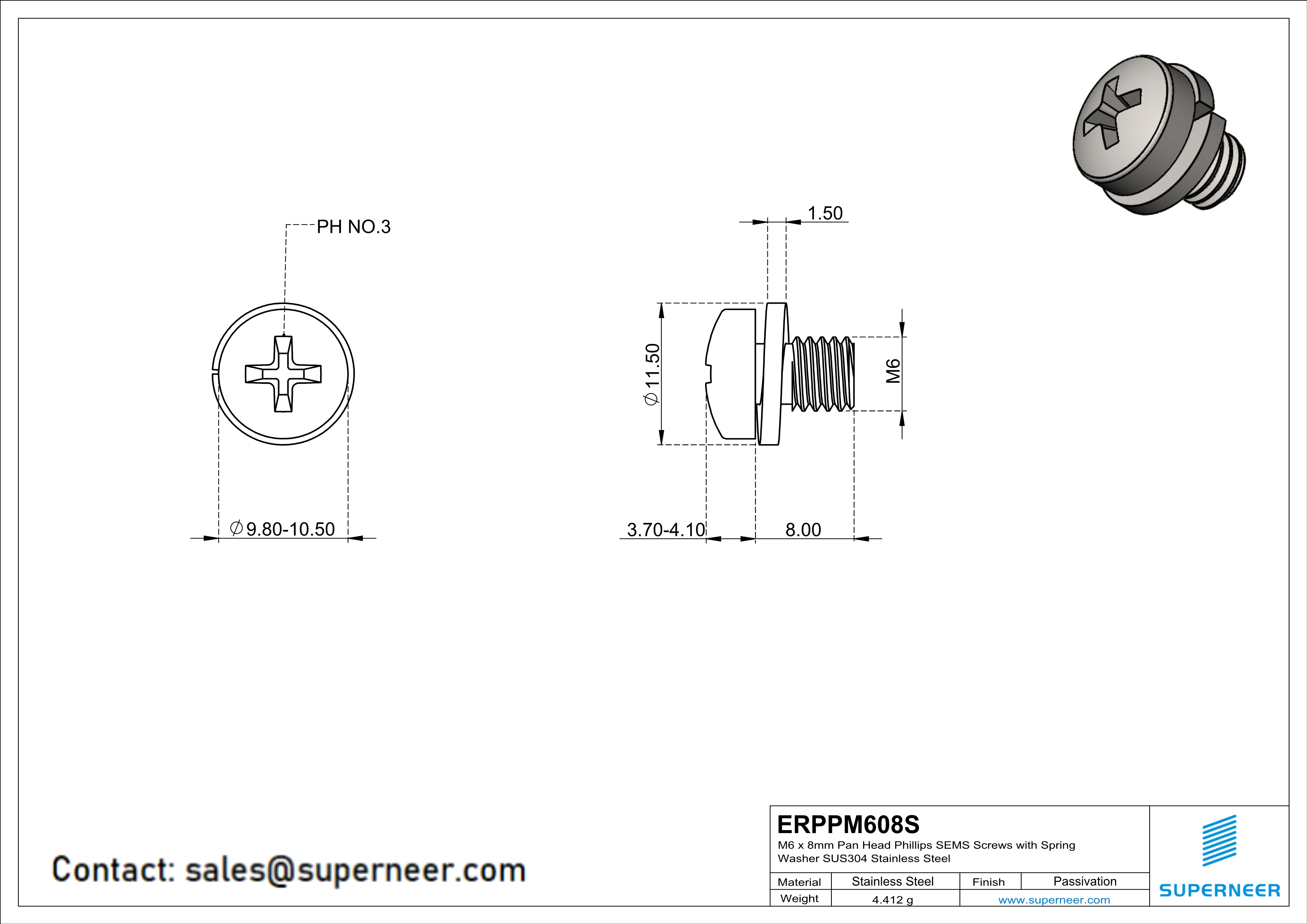 M6 x 8mm Pan Head Phillips SEMS Screws with Spring Washer SUS304 Stainless Steel Inox