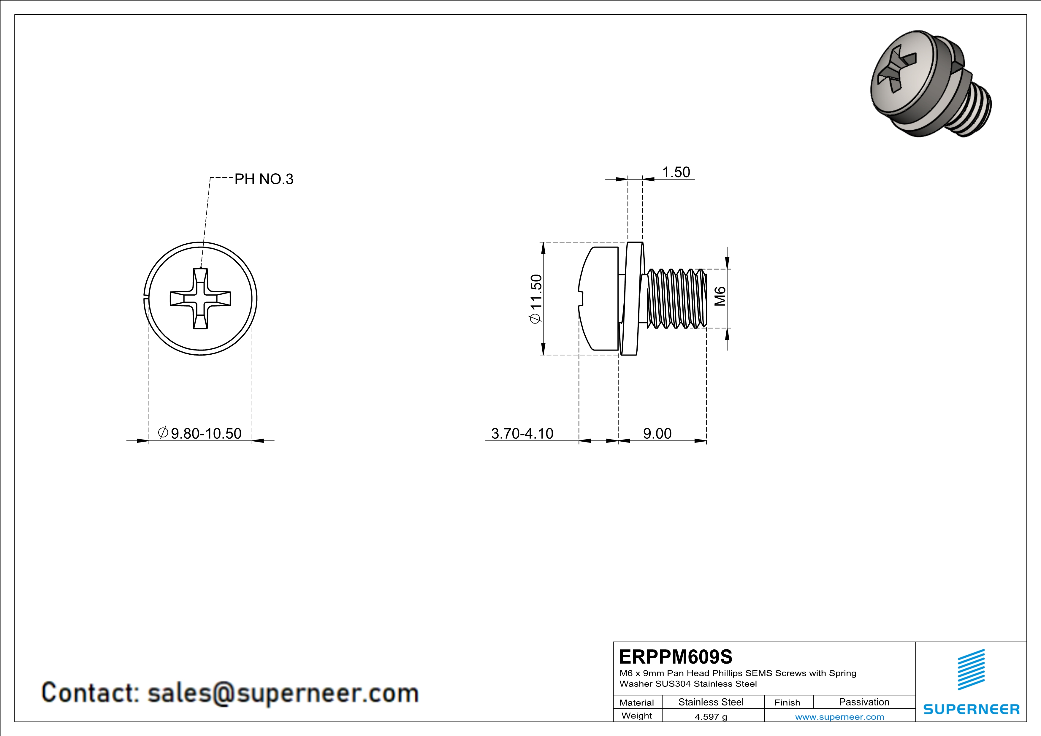 M6 x 9mm Pan Head Phillips SEMS Screws with Spring Washer SUS304 Stainless Steel Inox