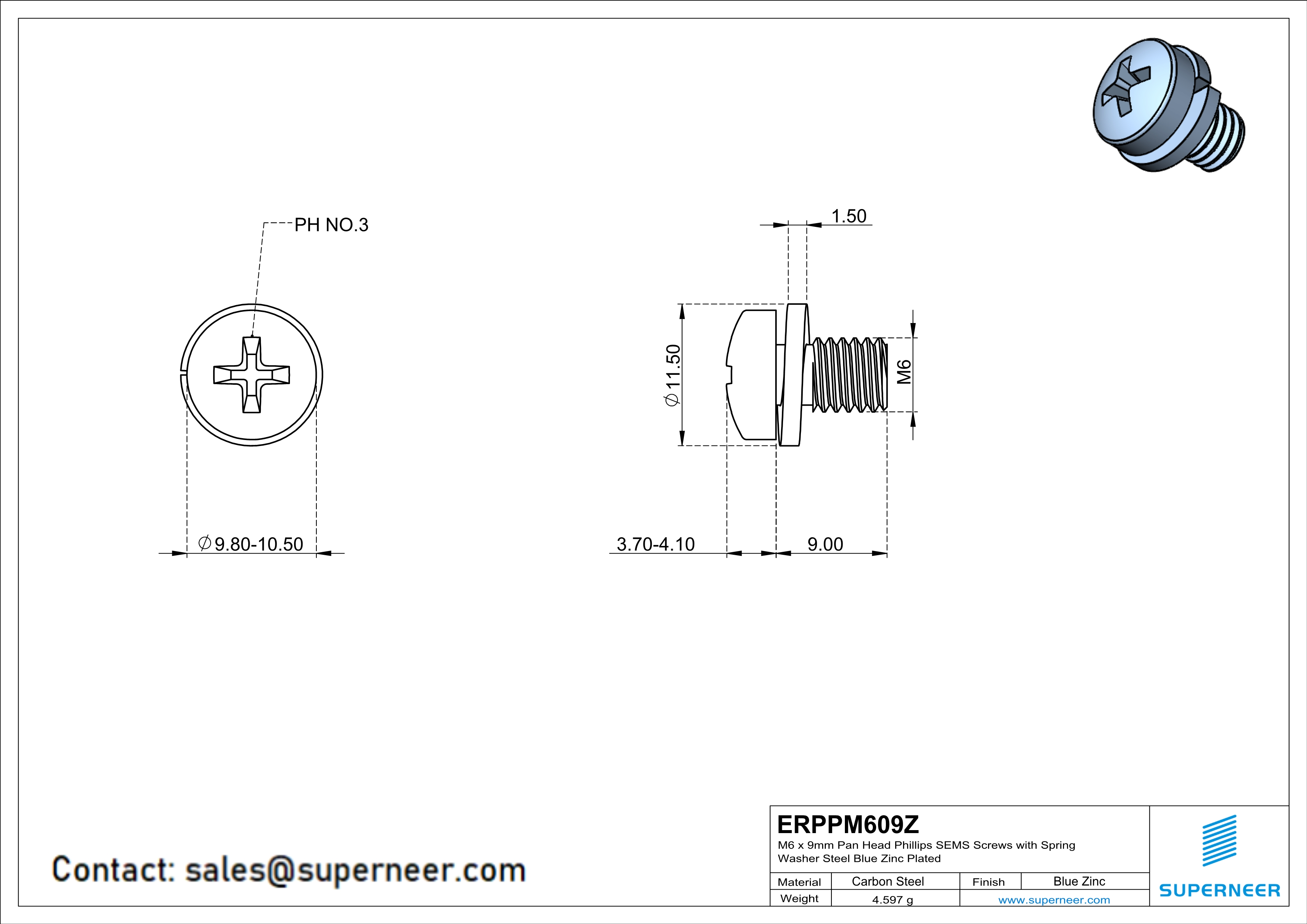 M6 x 9mm Pan Head Phillips SEMS Screws with Spring Washer Steel Blue Zinc Plated