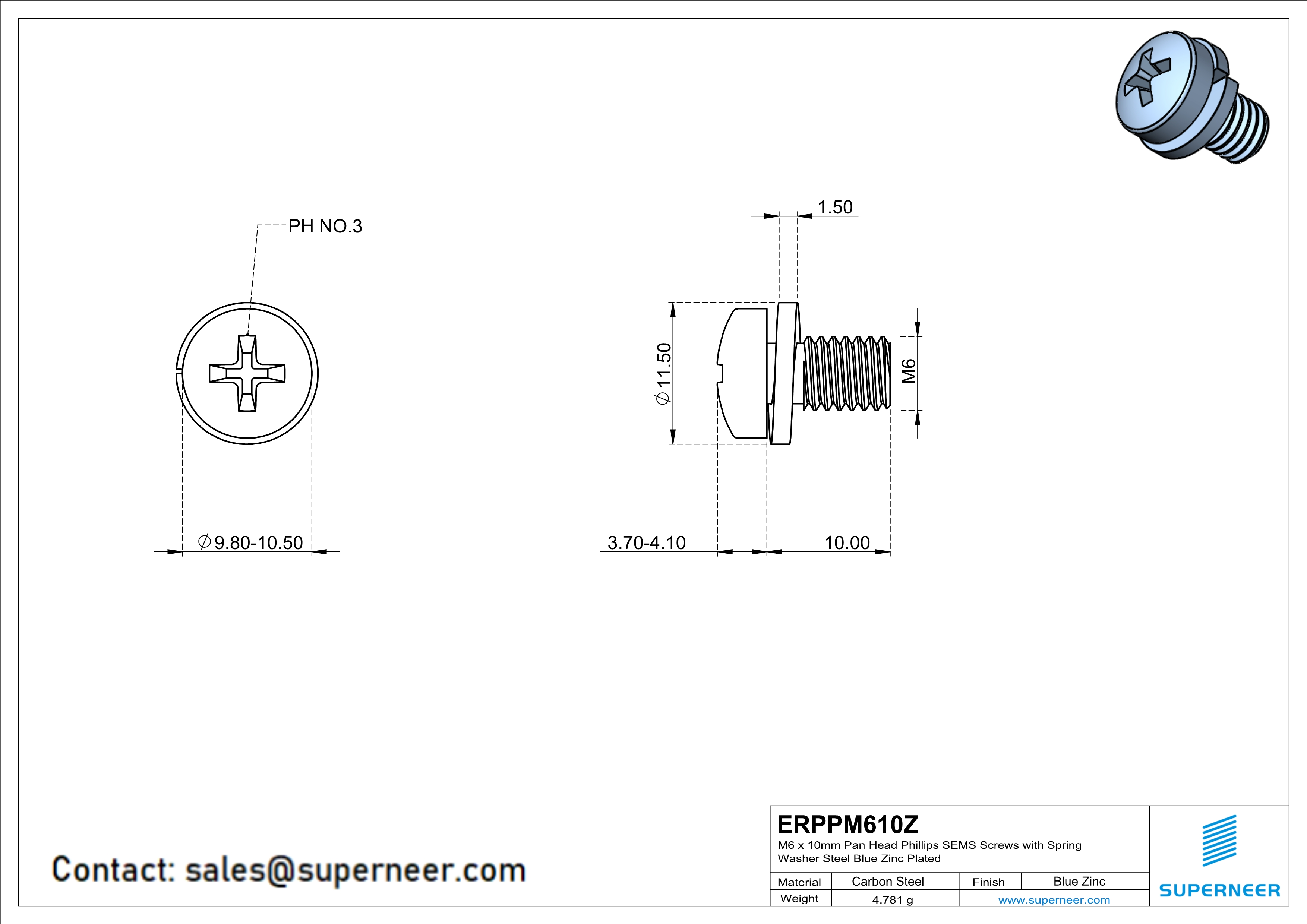 M6 x 10mm Pan Head Phillips SEMS Screws with Spring Washer Steel Blue Zinc Plated