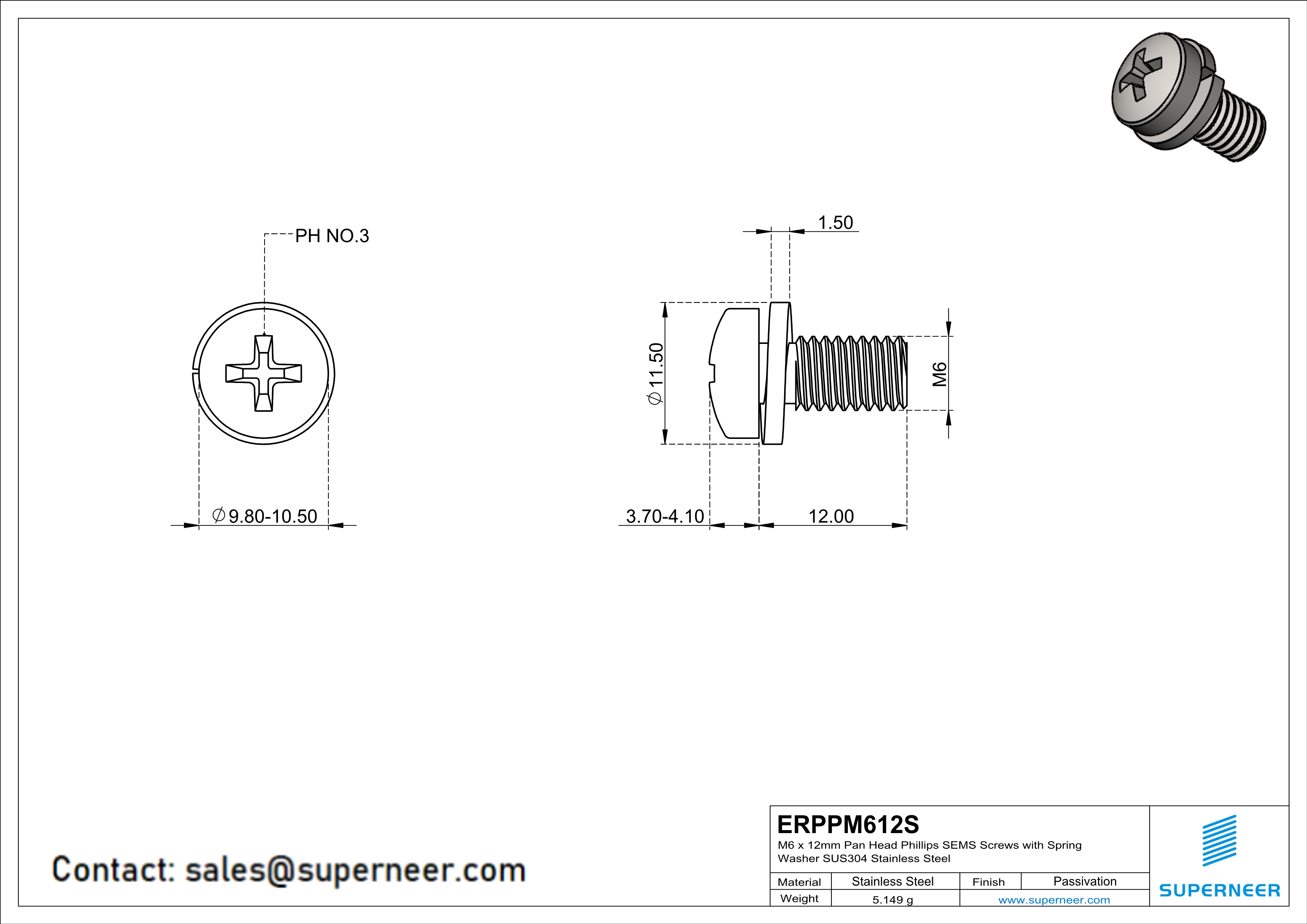 M6 x 12mm Pan Head Phillips SEMS Screws with Spring Washer SUS304 Stainless Steel Inox