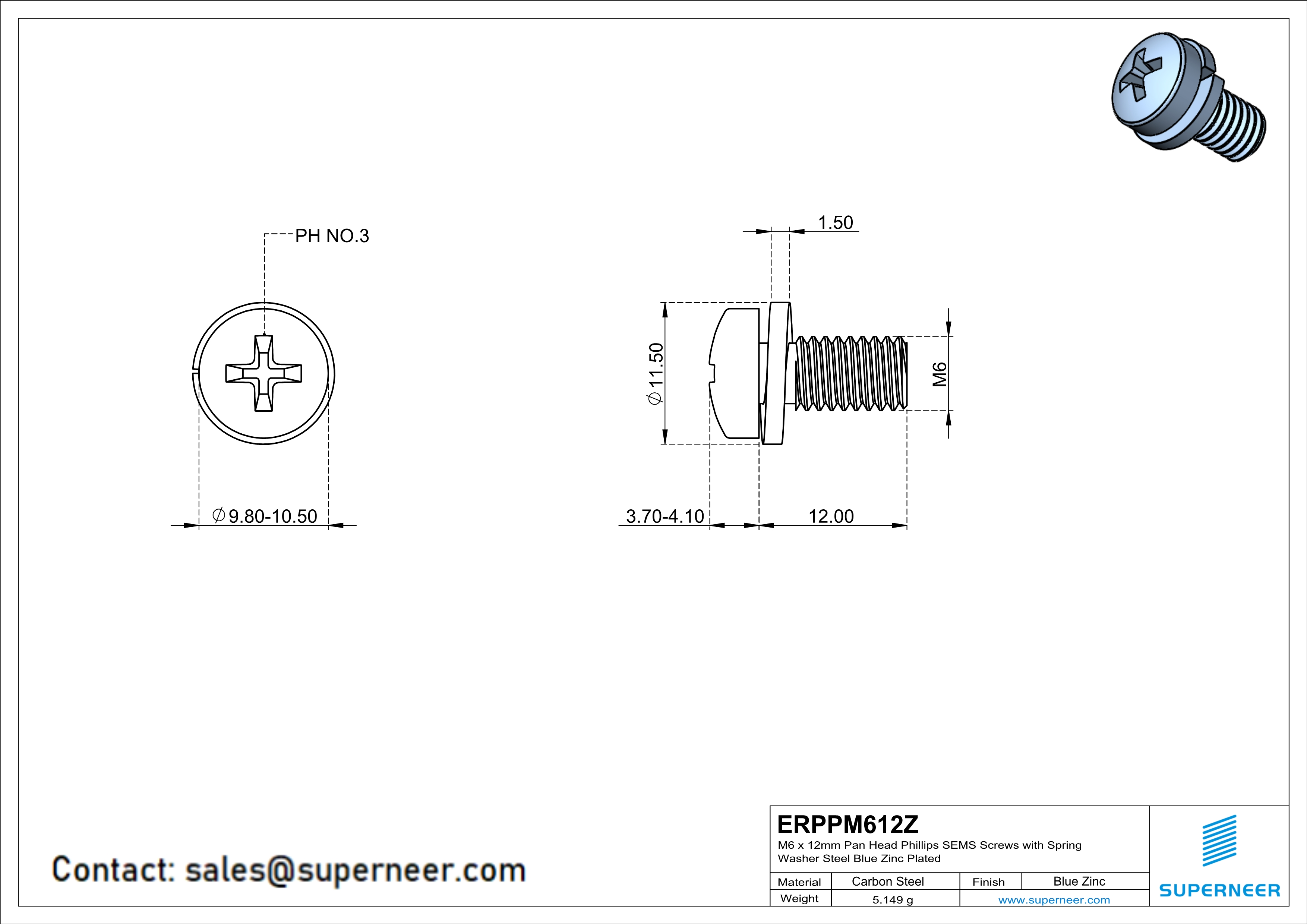 M6 x 12mm Pan Head Phillips SEMS Screws with Spring Washer Steel Blue Zinc Plated