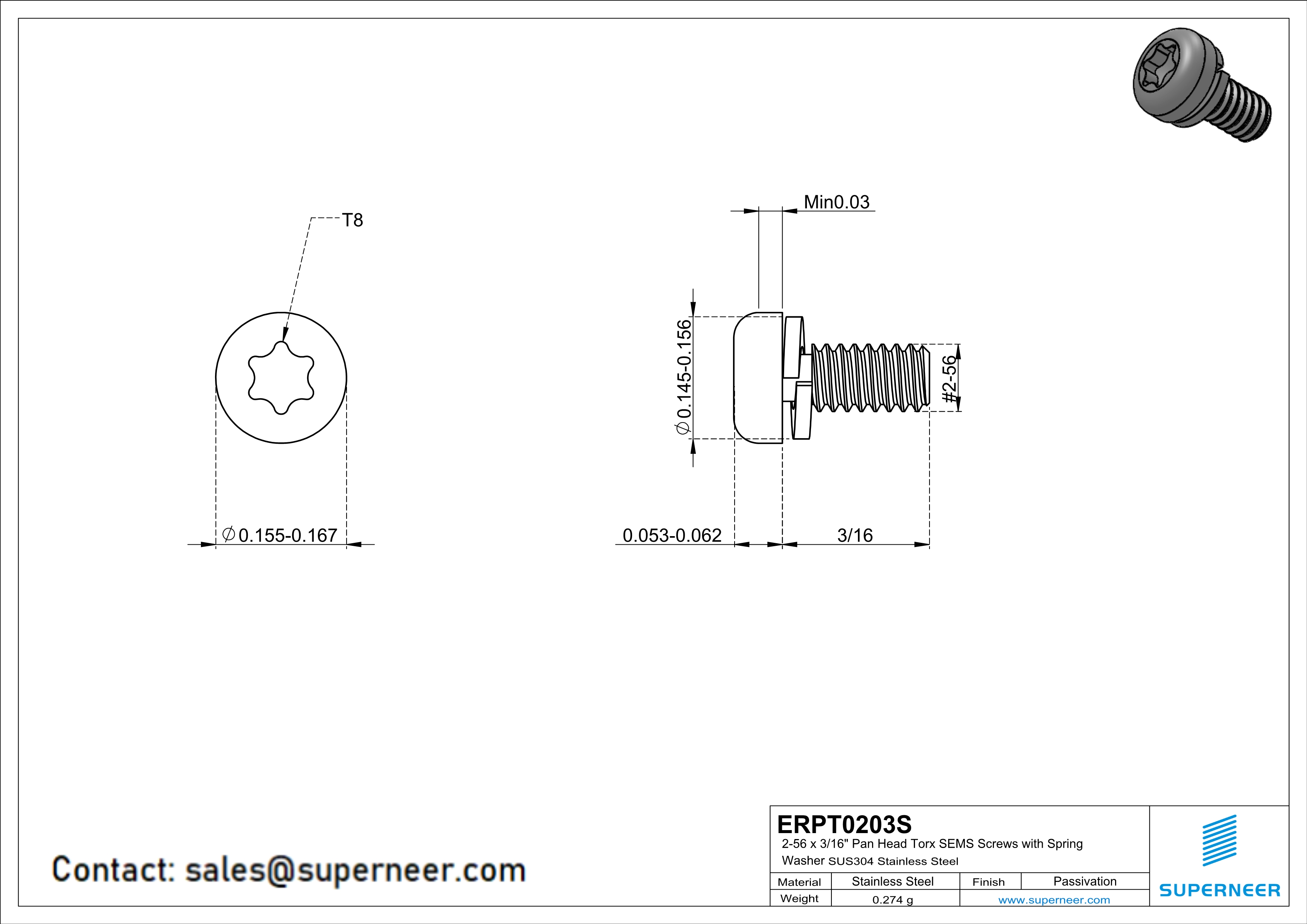 2-56 x 3/16" Pan Head Torx SEMS Screws with Spring Washer SUS304 Stainless Steel Inox