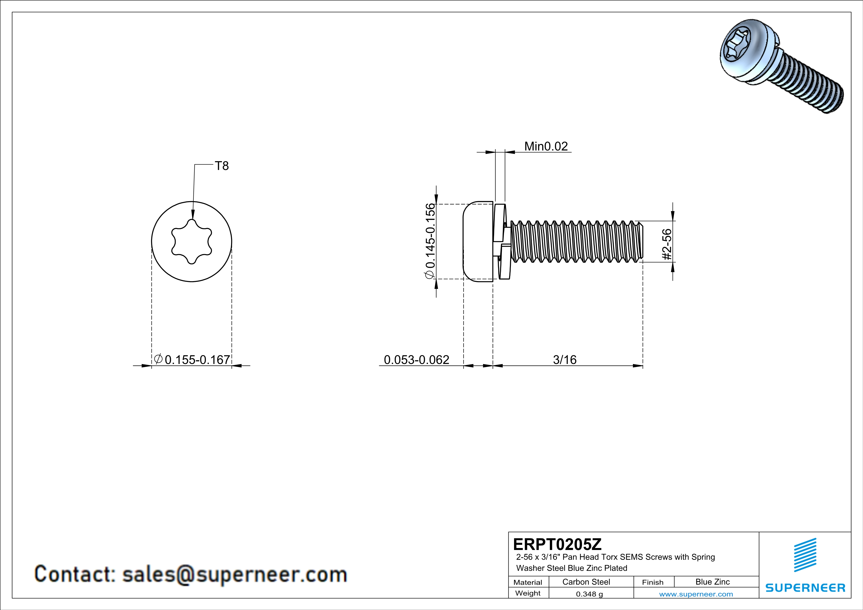 2-56 x 5/16" Pan Head Torx SEMS Screws with Spring Washer Steel Blue Zinc Plated