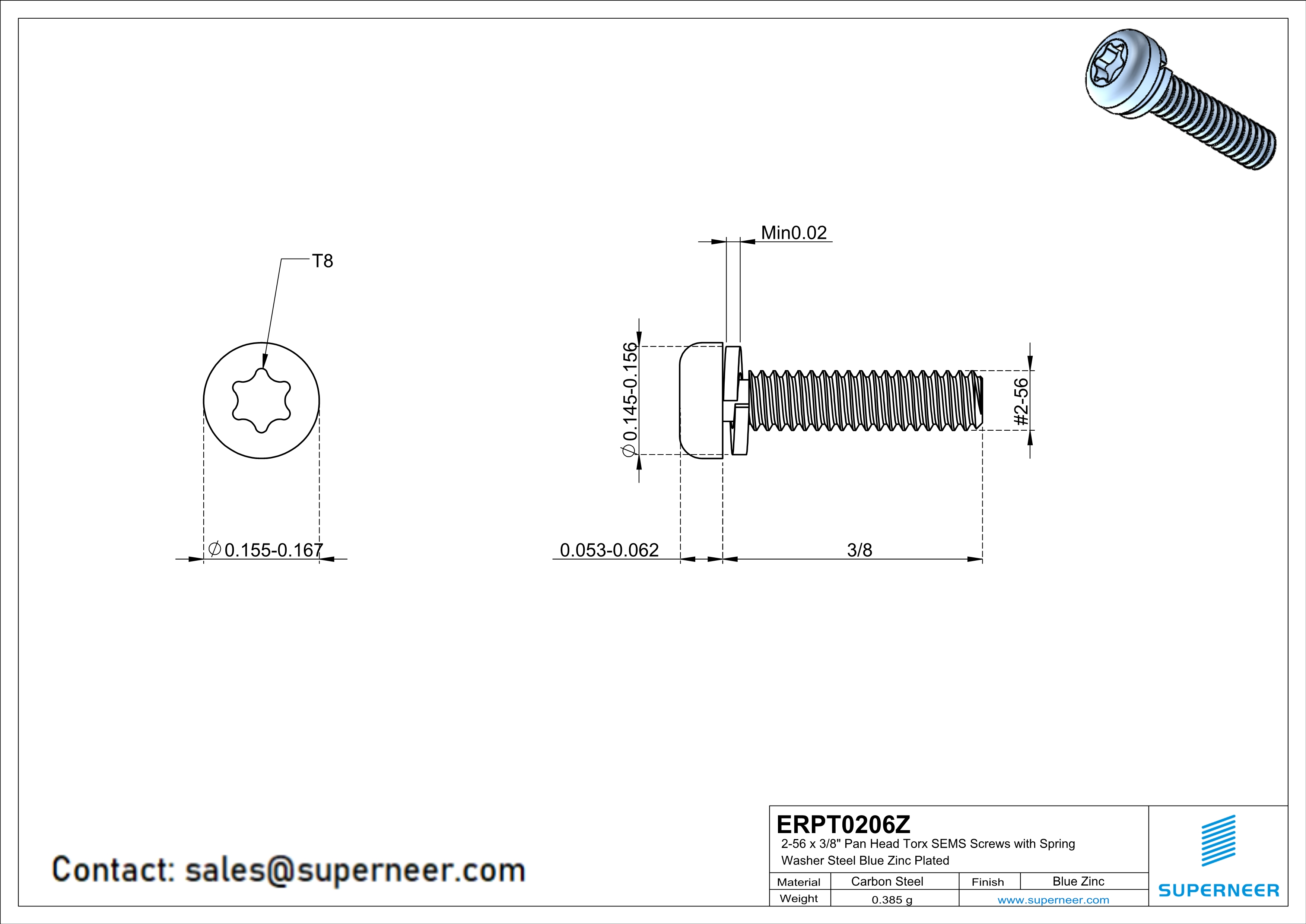 2-56 x 3/8" Pan Head Torx SEMS Screws with Spring Washer Steel Blue Zinc Plated