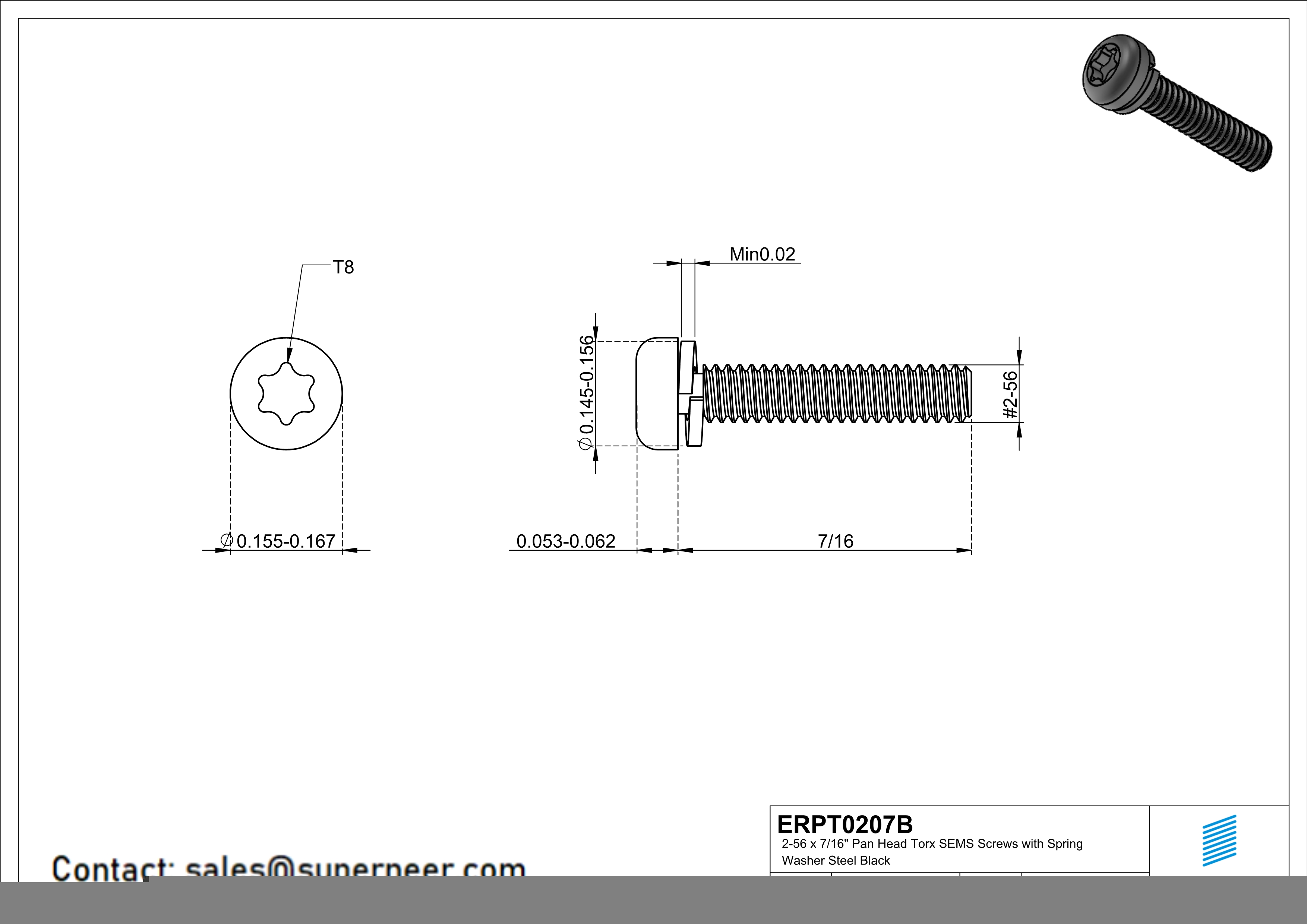 2-56 x 7/16" Pan Head Torx SEMS Screws with Spring Washer Steel Black