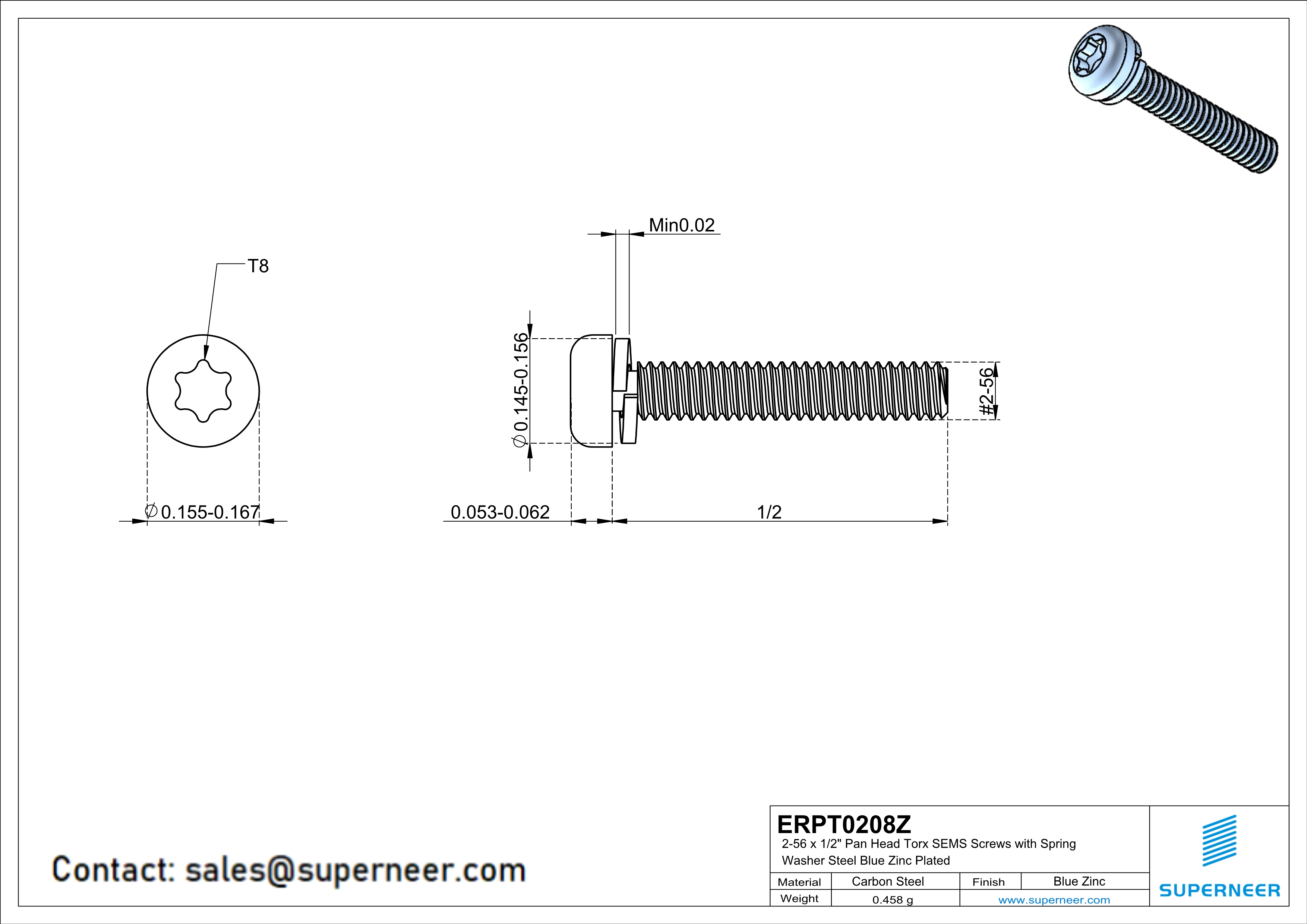 2-56 x 1/2" Pan Head Torx SEMS Screws with Spring Washer Steel Blue Zinc Plated