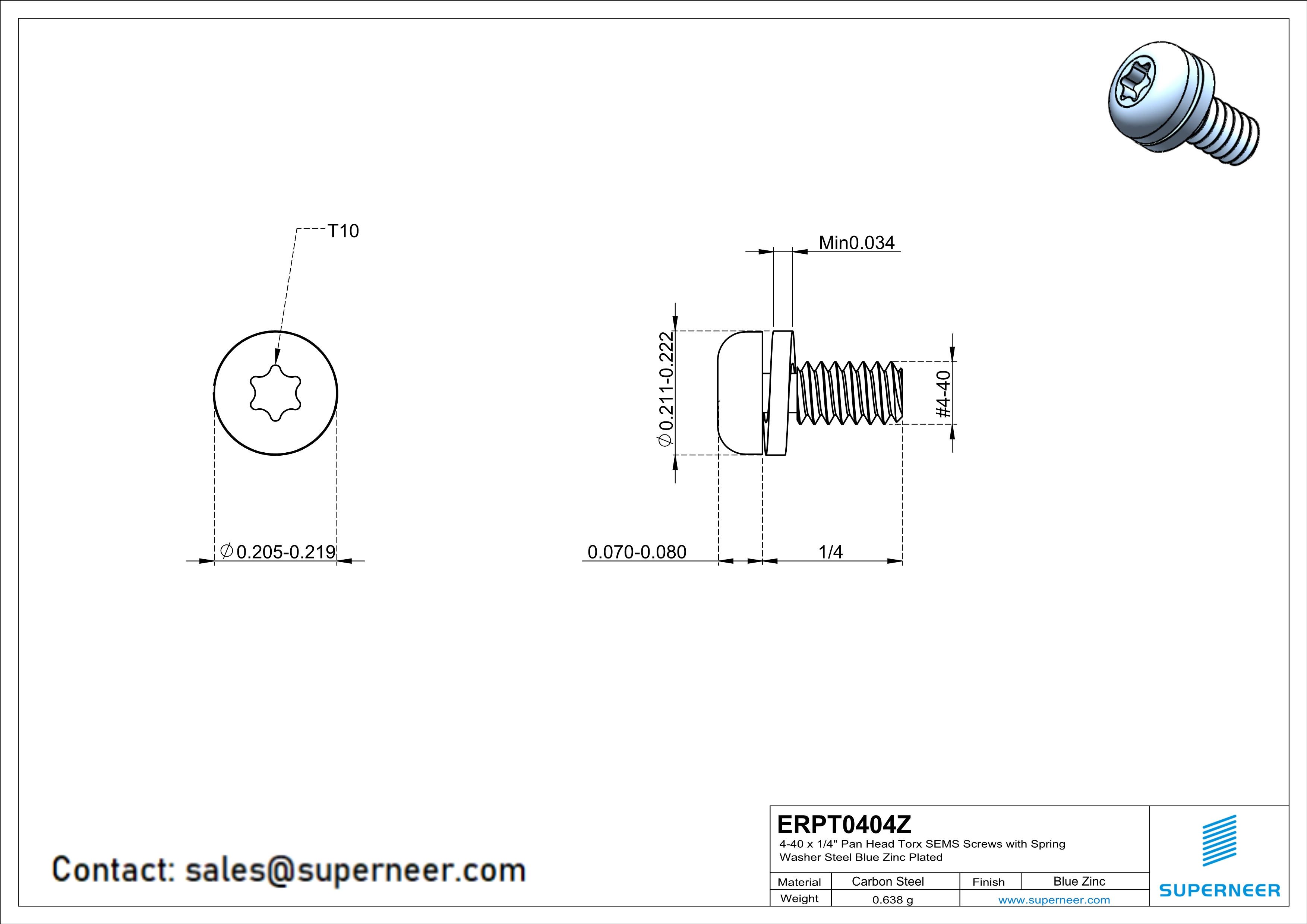 4-40 x 1/4" Pan Head Torx SEMS Screws with Spring Washer Steel Blue Zinc Plated