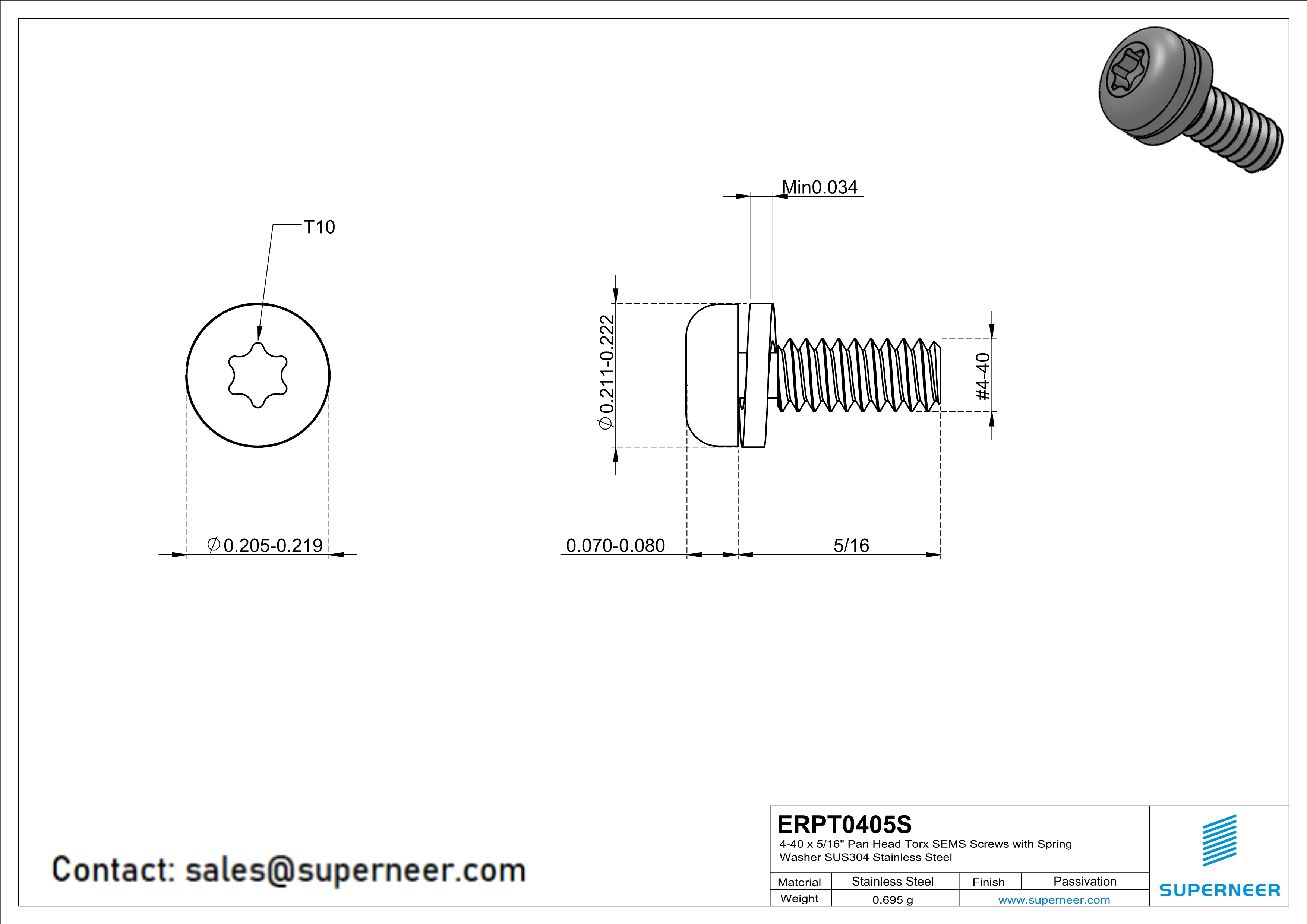 4-40 x 5/16" Pan Head Torx SEMS Screws with Spring Washer SUS304 Stainless Steel Inox