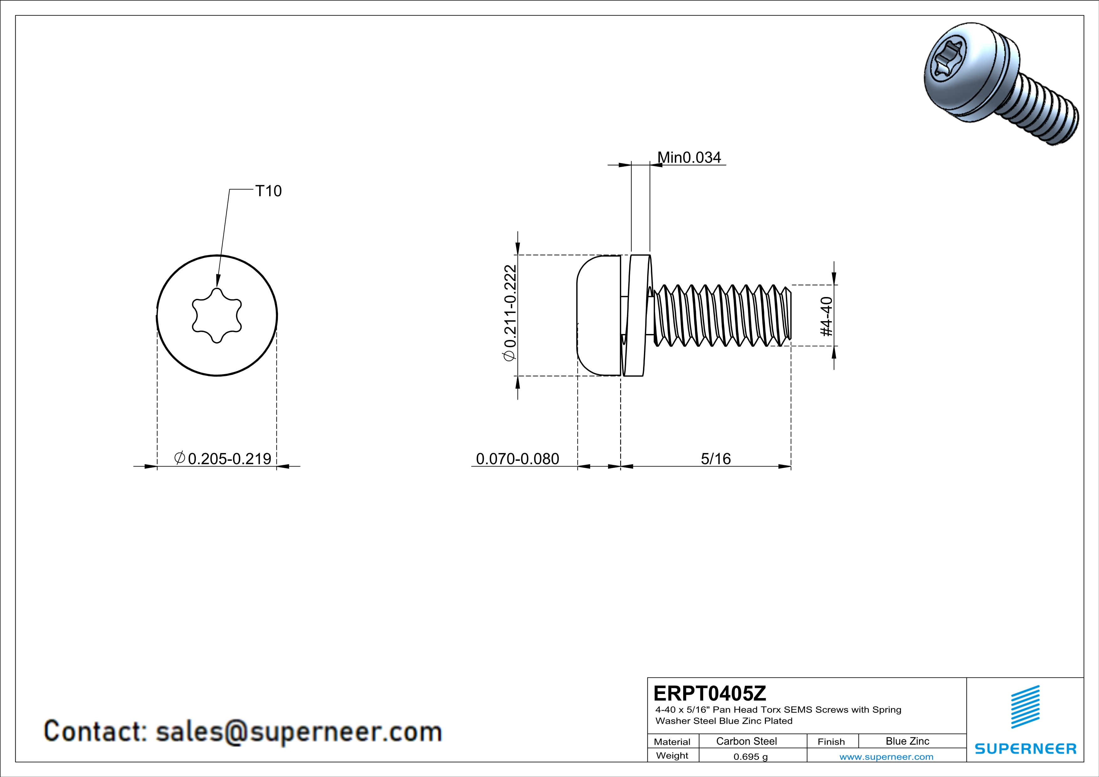 4-40 x 5/16" Pan Head Torx SEMS Screws with Spring Washer Steel Blue Zinc Plated