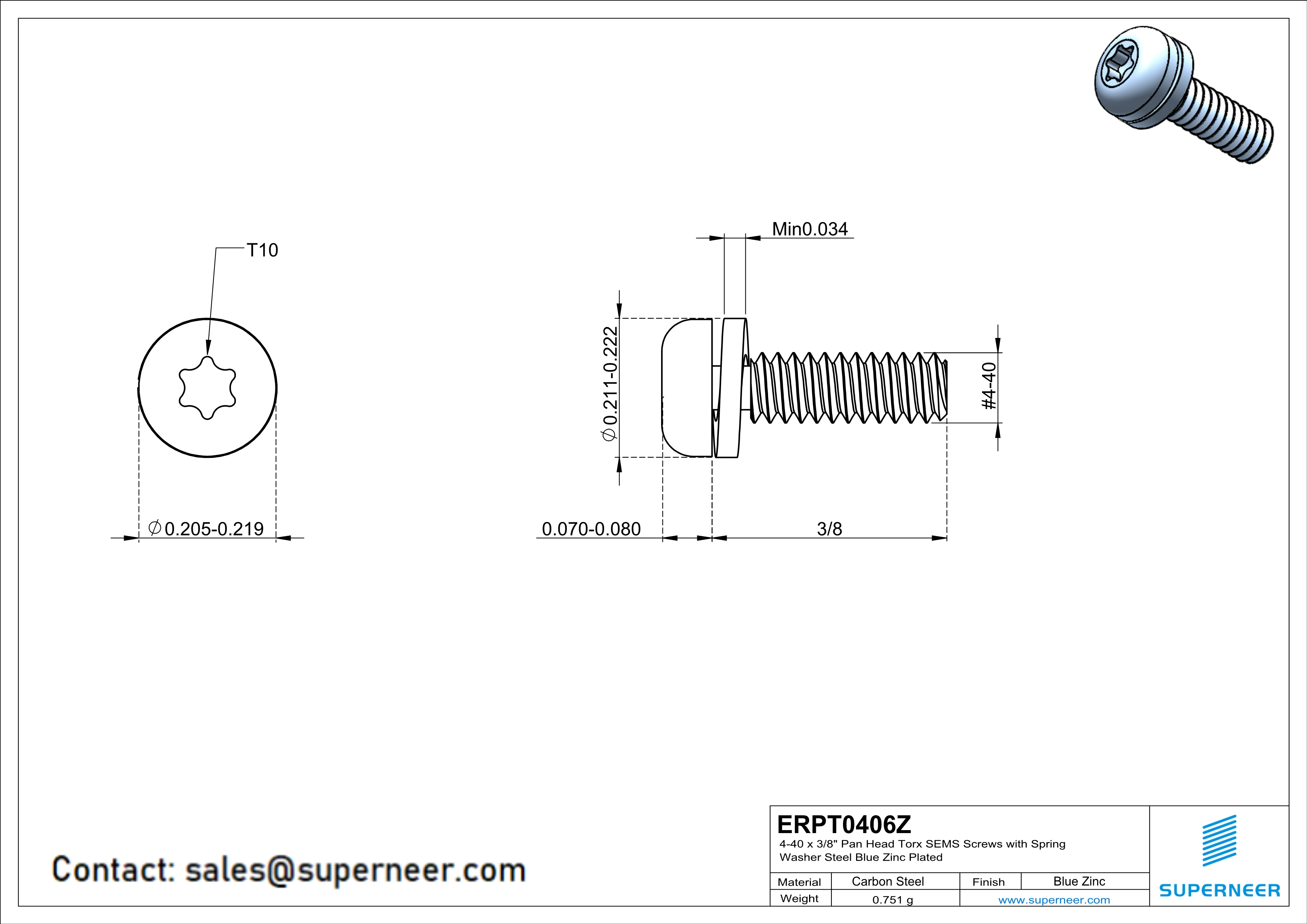 4-40 x 3/8" Pan Head Torx SEMS Screws with Spring Washer Steel Blue Zinc Plated