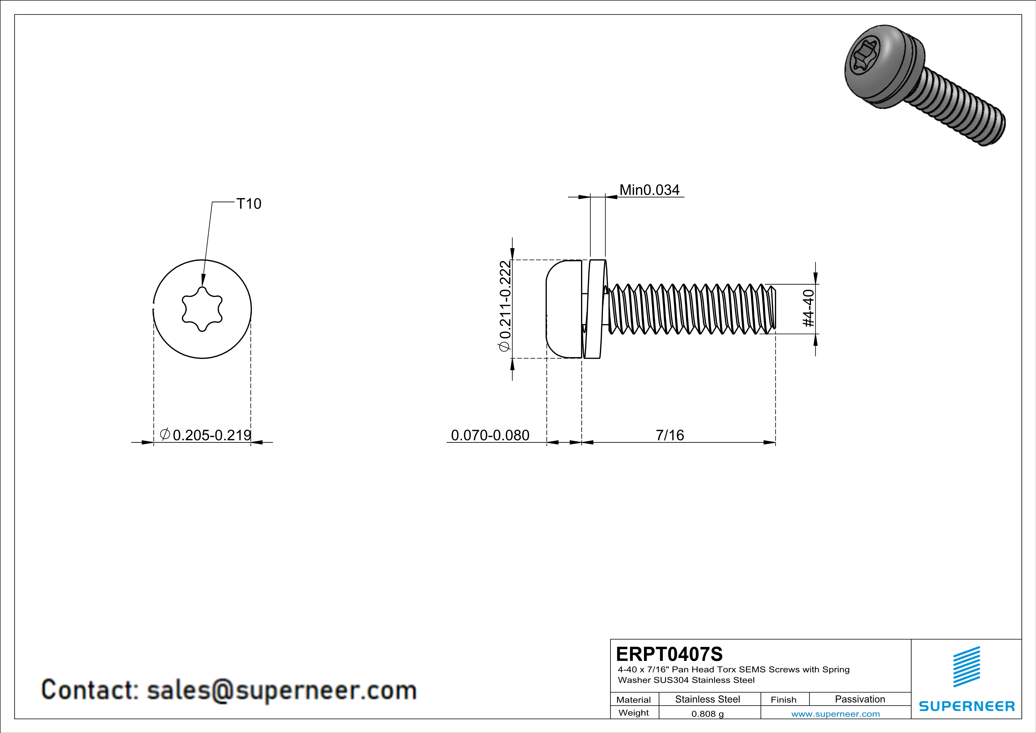 4-40 x 7/16" Pan Head Torx SEMS Screws with Spring Washer SUS304 Stainless Steel Inox