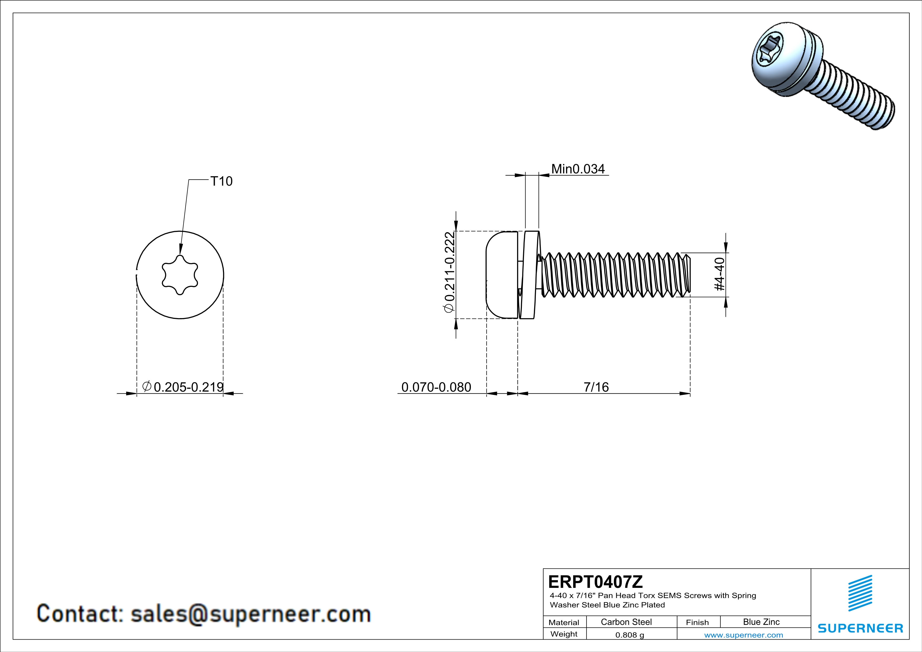 4-40 x 7/16" Pan Head Torx SEMS Screws with Spring Washer Steel Blue Zinc Plated