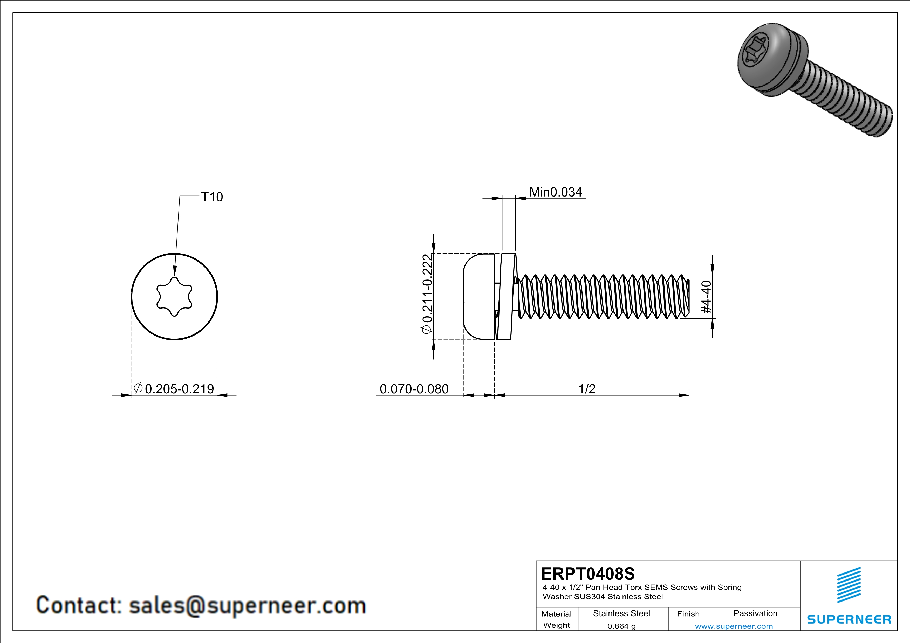 4-40 x 1/2" Pan Head Torx SEMS Screws with Spring Washer SUS304 Stainless Steel Inox