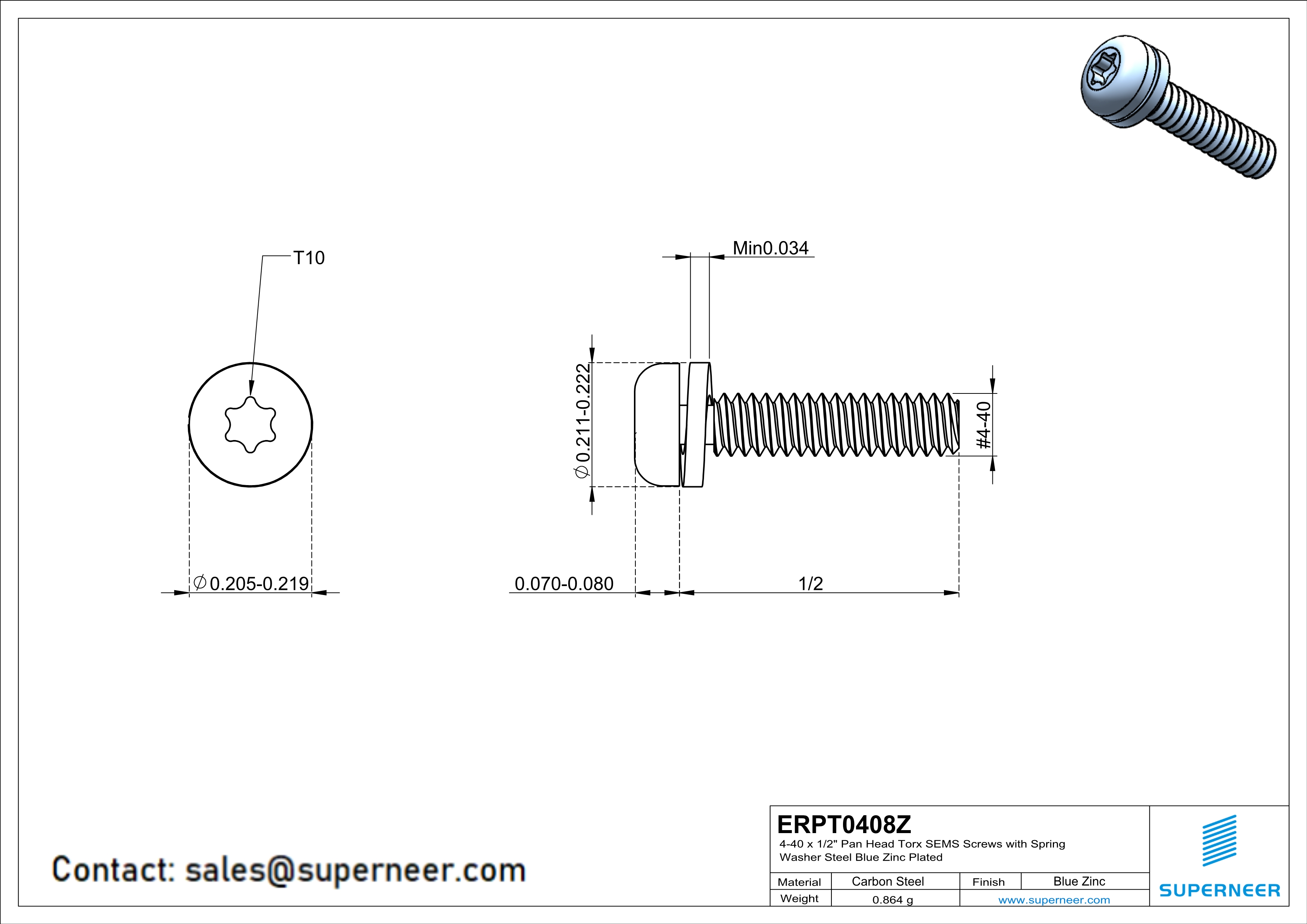 4-40 x 1/2" Pan Head Torx SEMS Screws with Spring Washer Steel Blue Zinc Plated