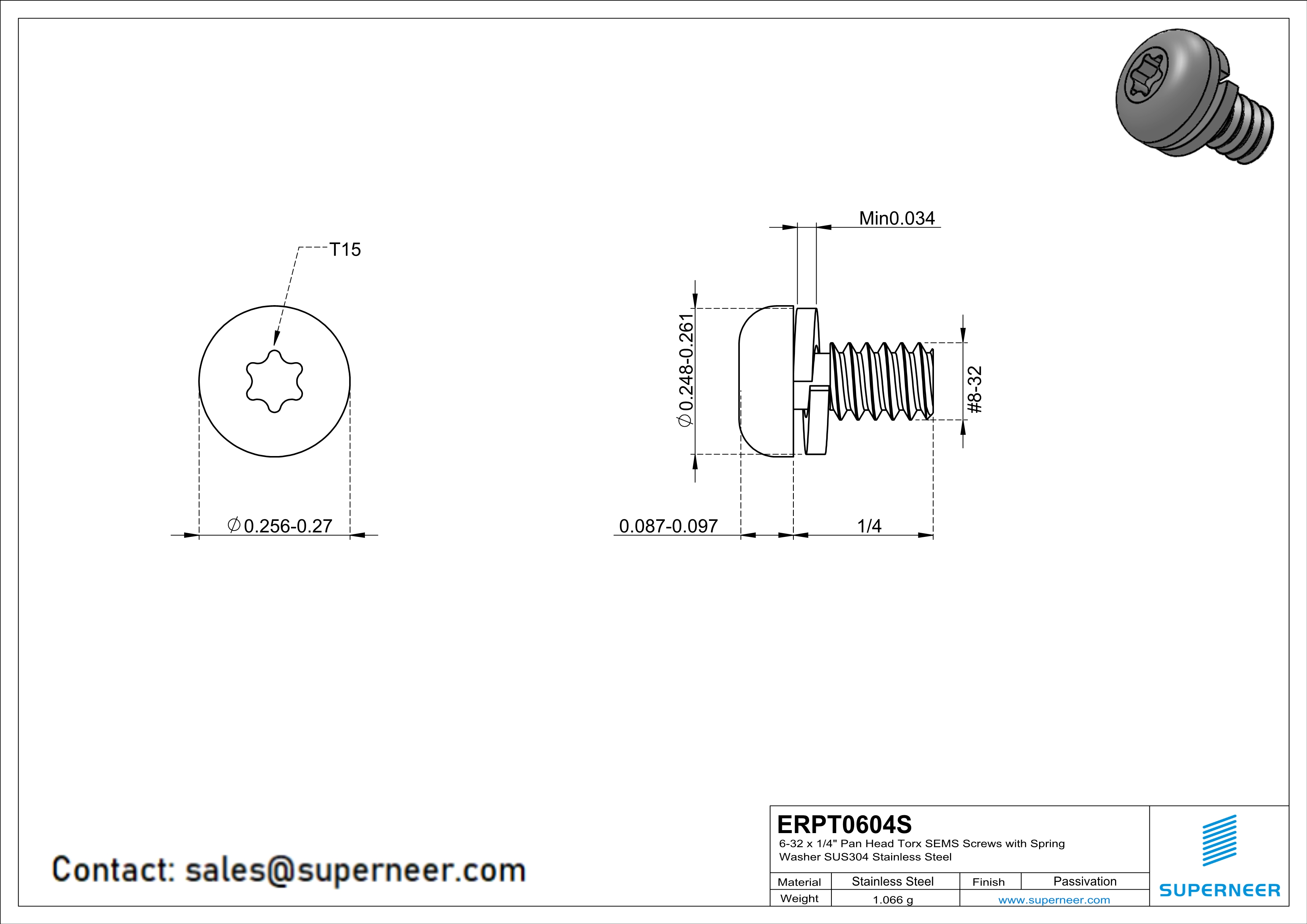 6-32 x 1/4" Pan Head Torx SEMS Screws with Spring Washer SUS304 Stainless Steel Inox