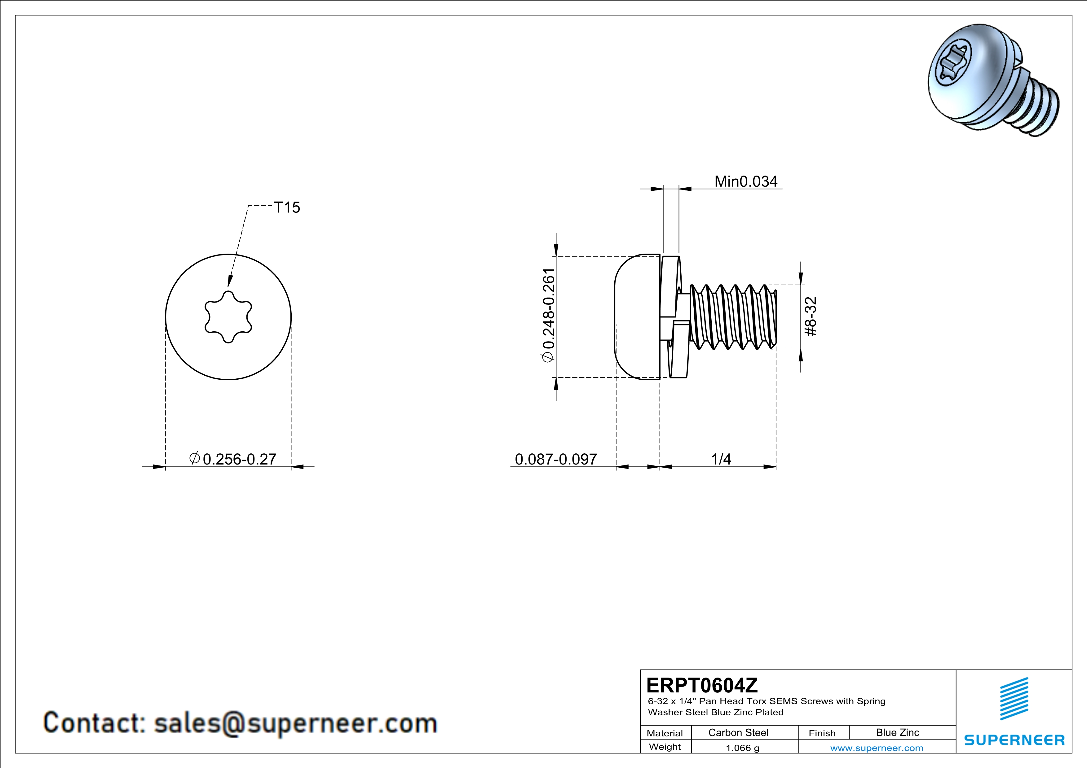 6-32 x 1/4" Pan Head Torx SEMS Screws with Spring Washer Steel Blue Zinc Plated