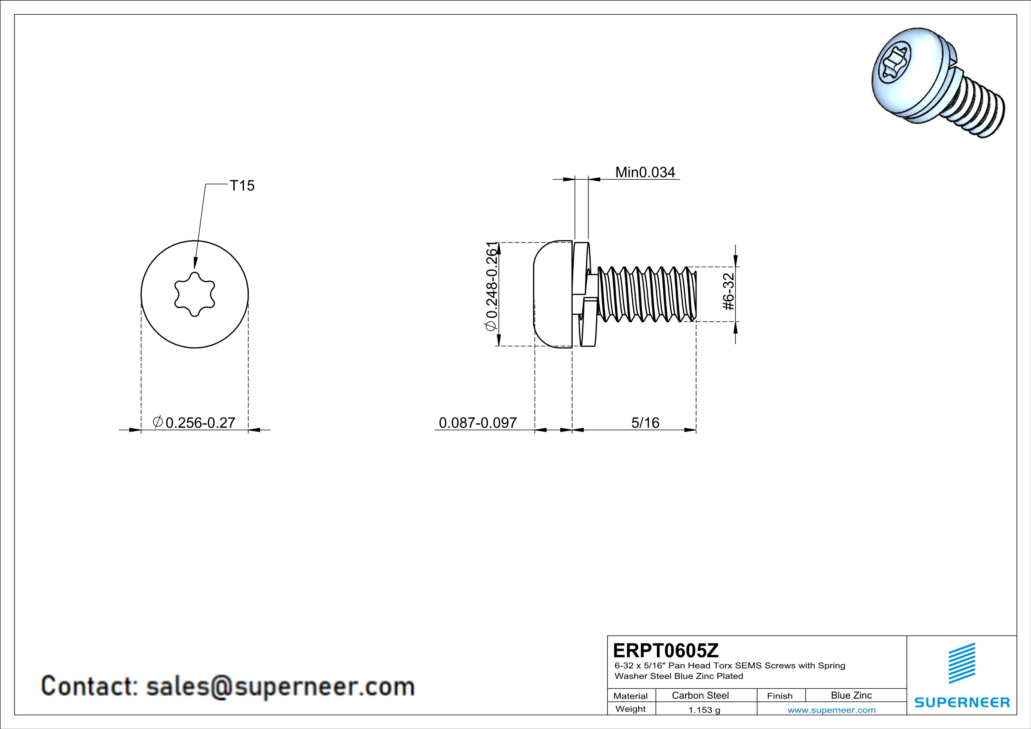 6-32 x 5/16" Pan Head Torx SEMS Screws with Spring Washer Steel Blue Zinc Plated