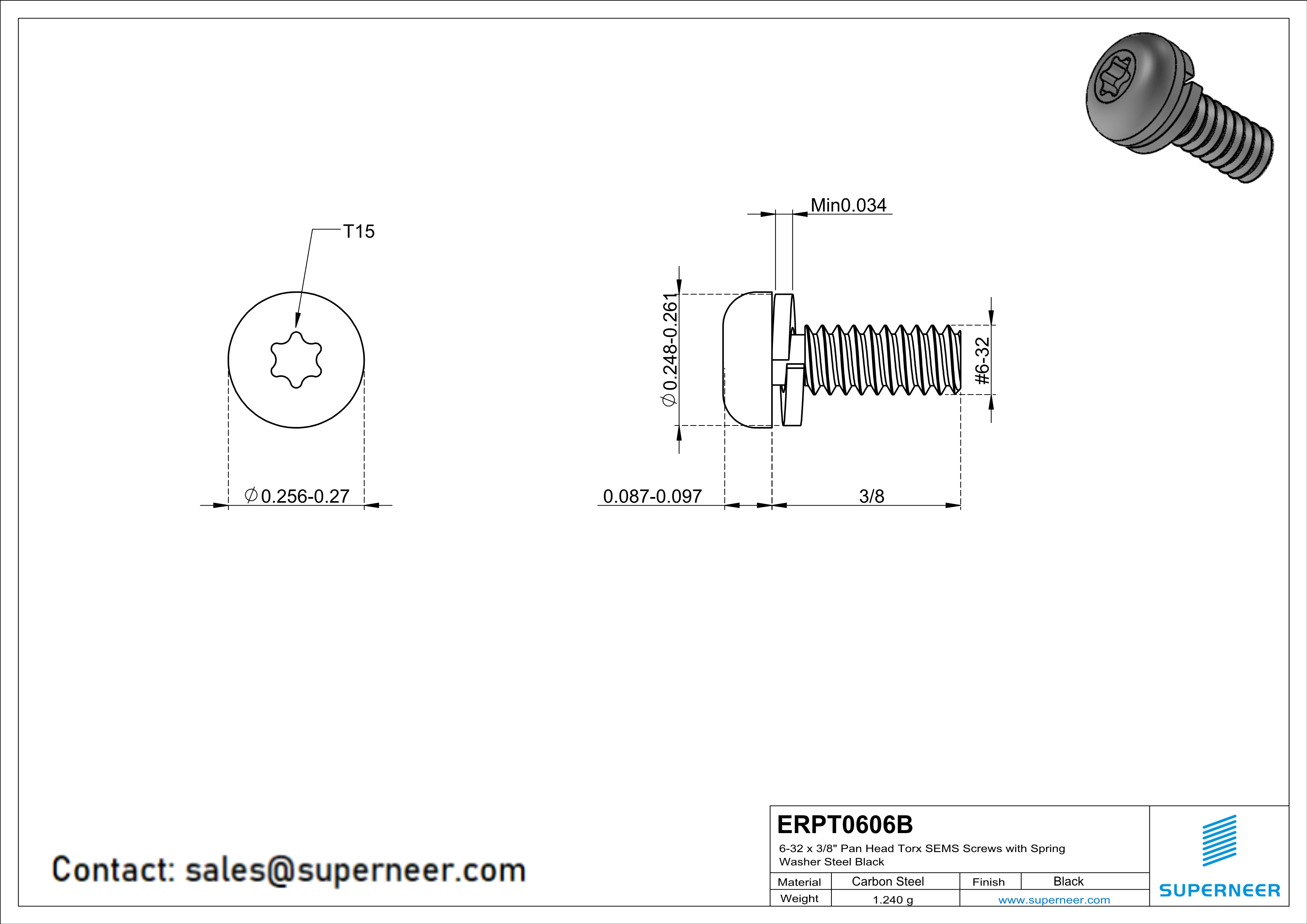 6-32 x 3/8" Pan Head Torx SEMS Screws with Spring Washer Steel Black