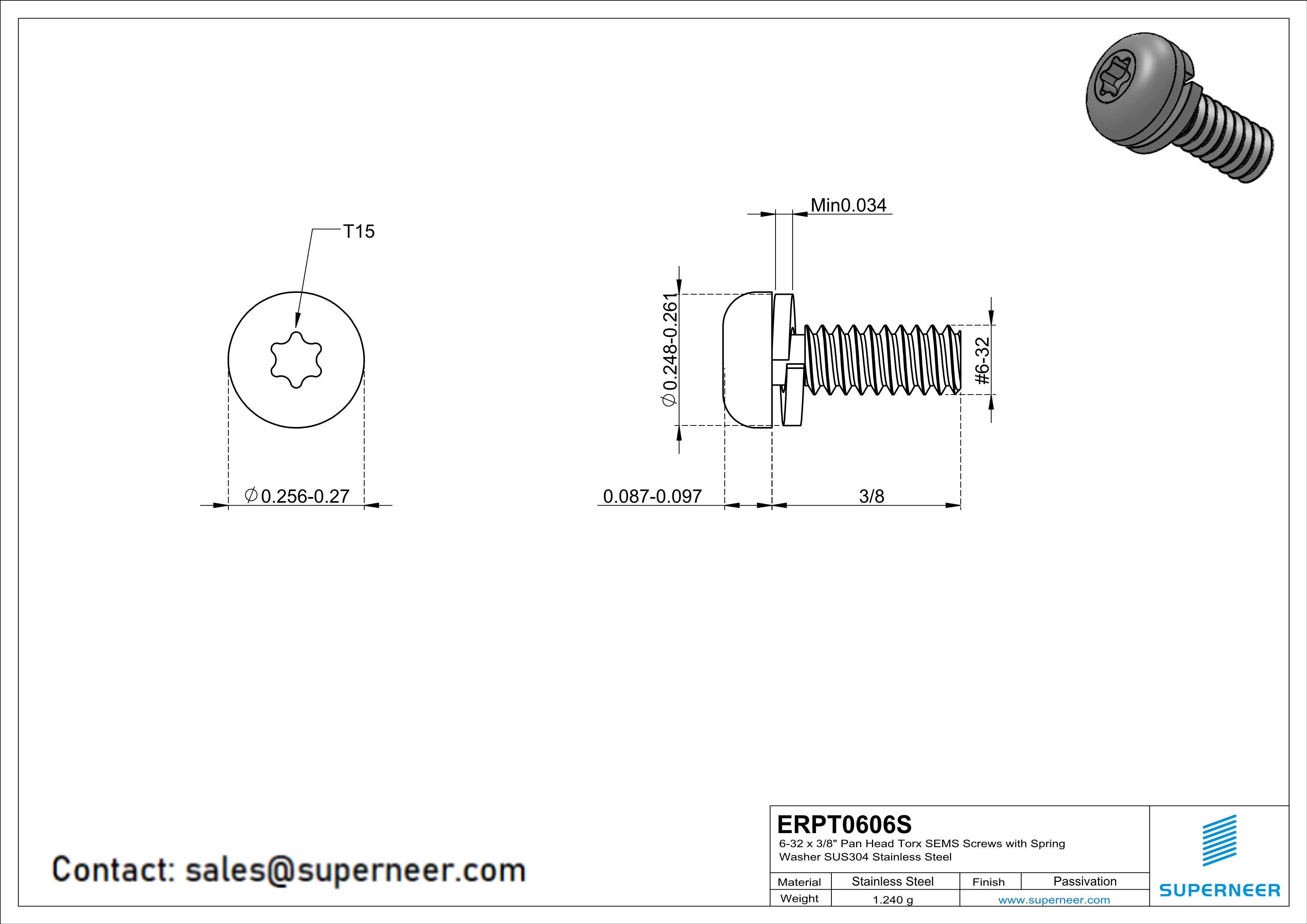 6-32 x 3/8" Pan Head Torx SEMS Screws with Spring Washer SUS304 Stainless Steel Inox