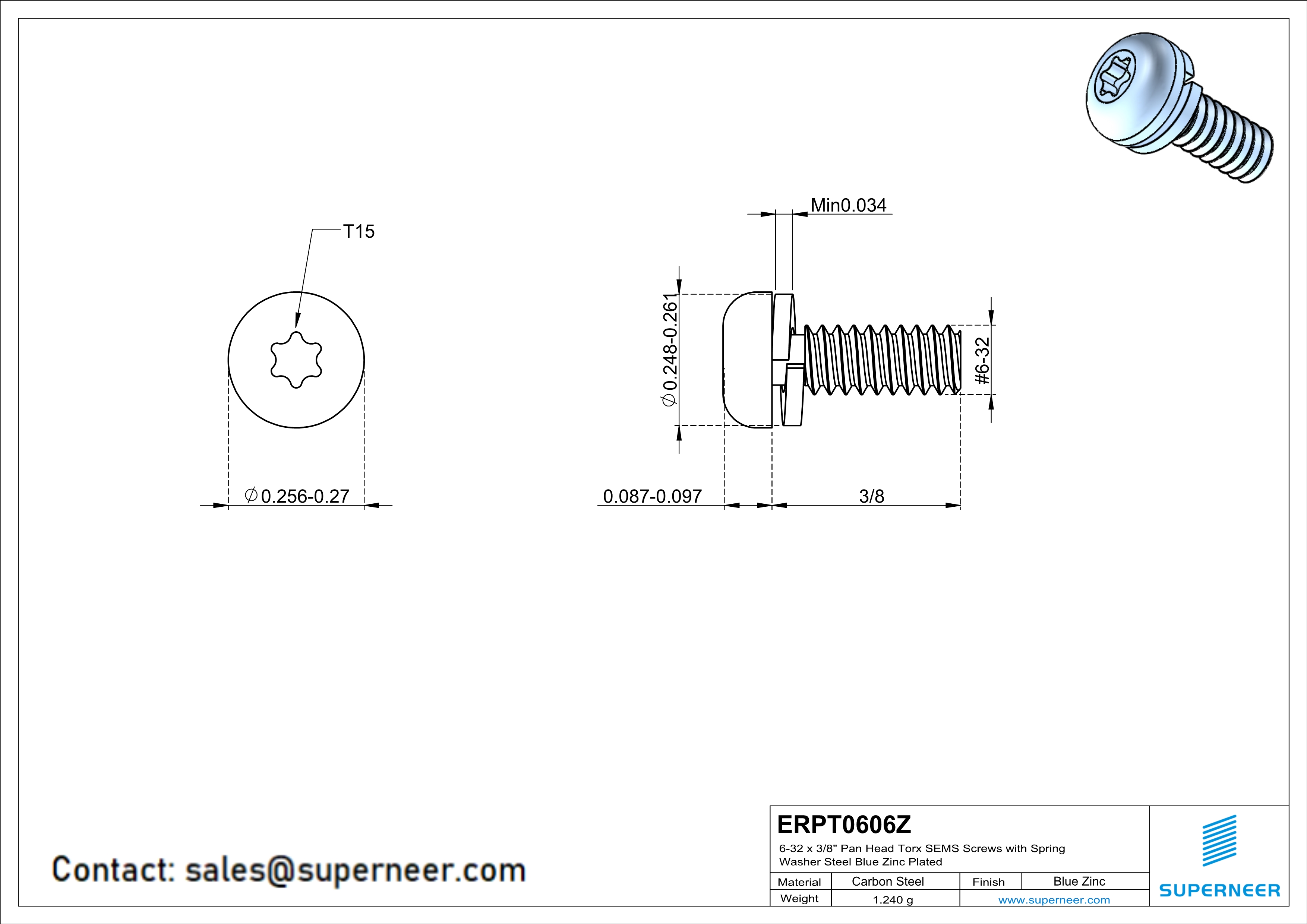 6-32 x 3/8" Pan Head Torx SEMS Screws with Spring Washer Steel Blue Zinc Plated