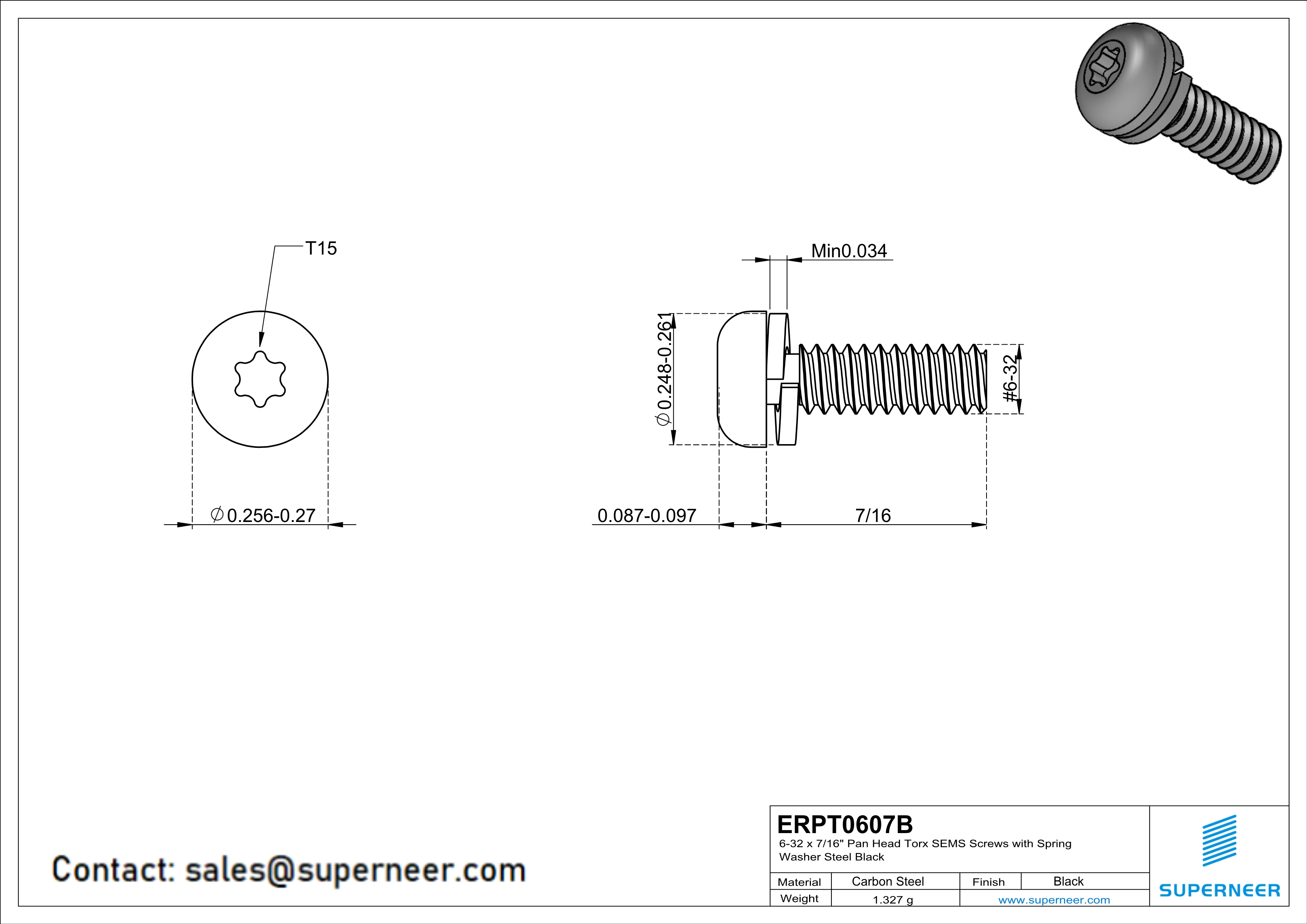 6-32 x 7/16" Pan Head Torx SEMS Screws with Spring Washer Steel Black