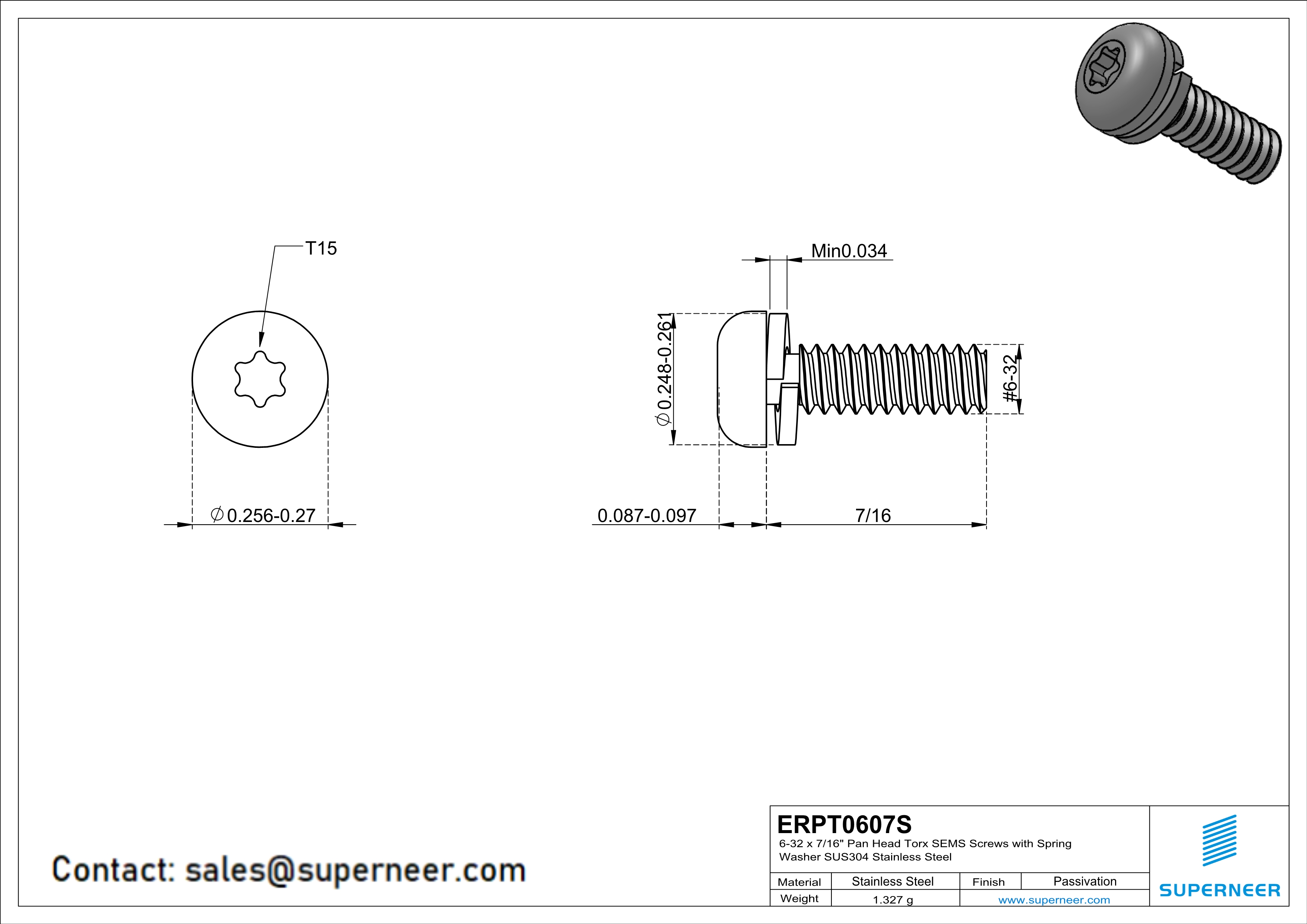 6-32 x 7/16" Pan Head Torx SEMS Screws with Spring Washer SUS304 Stainless Steel Inox