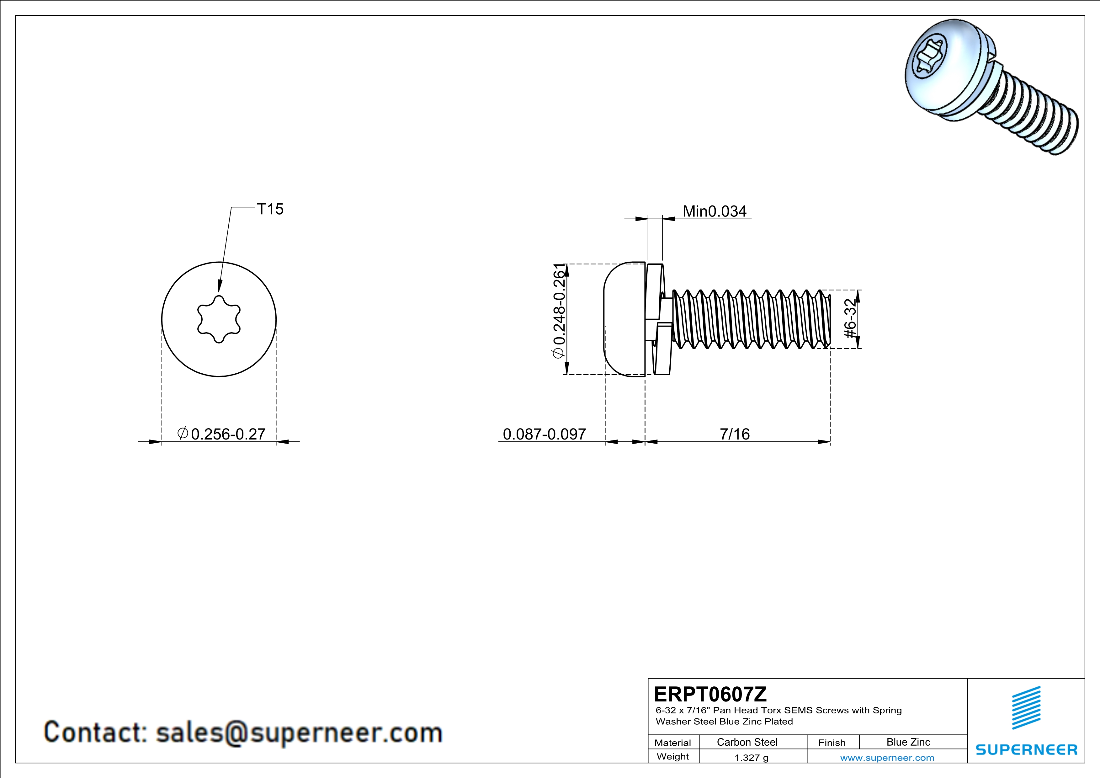 6-32 x 7/16" Pan Head Torx SEMS Screws with Spring Washer Steel Blue Zinc Plated