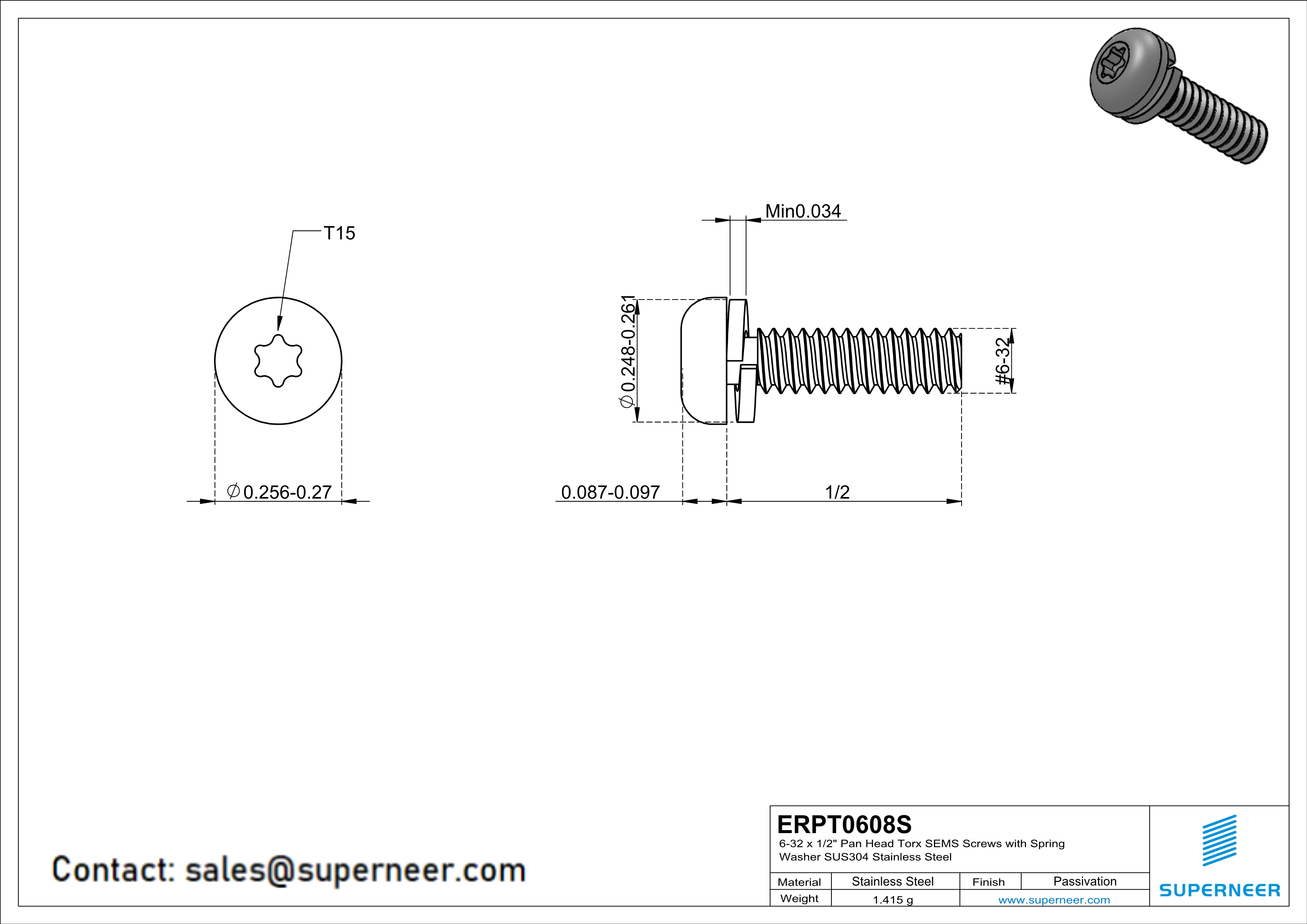 6-32 x 1/2" Pan Head Torx SEMS Screws with Spring Washer SUS304 Stainless Steel Inox