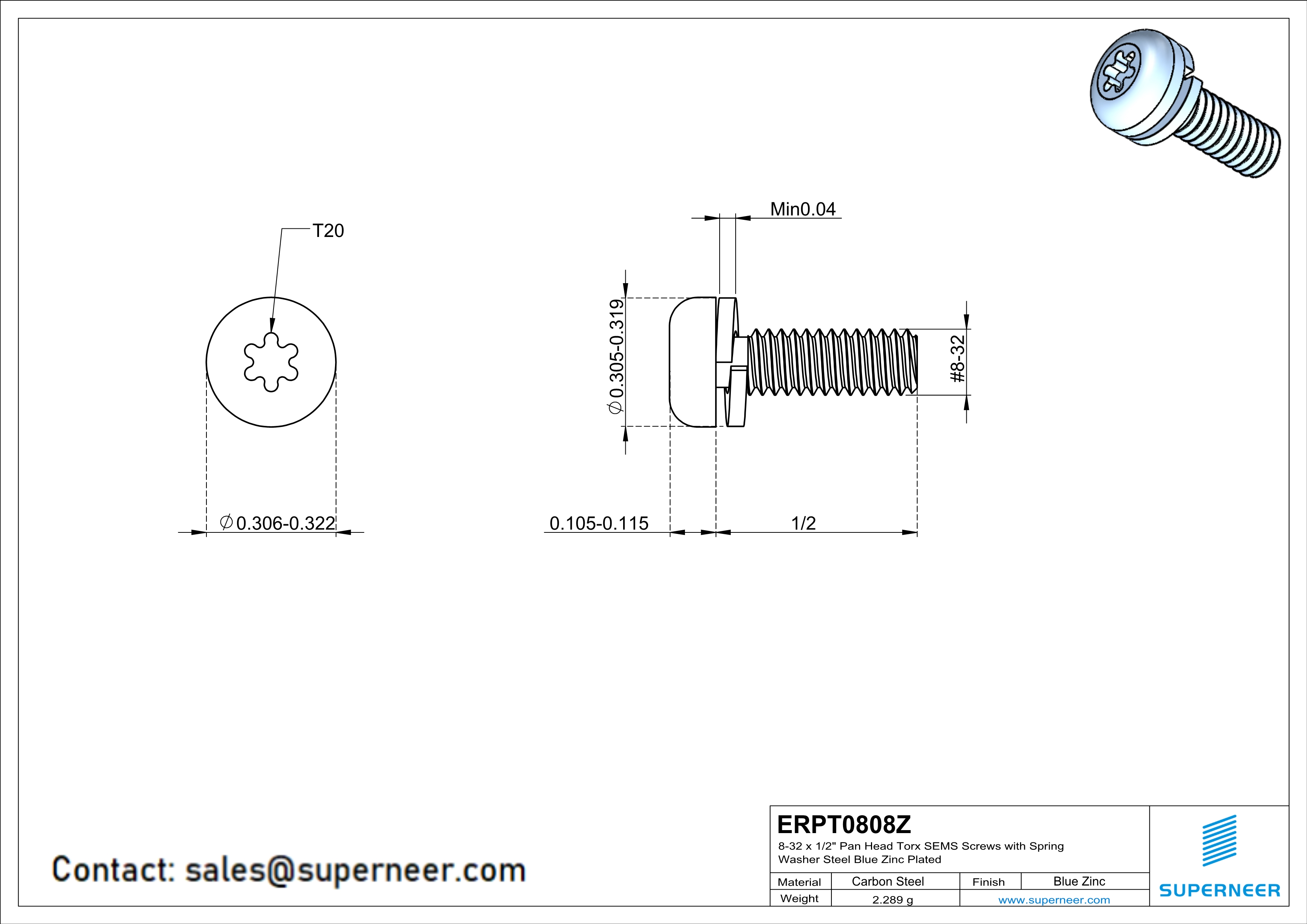 8-32 x 1/2" Pan Head Torx SEMS Screws with Spring Washer Steel Blue Zinc Plated