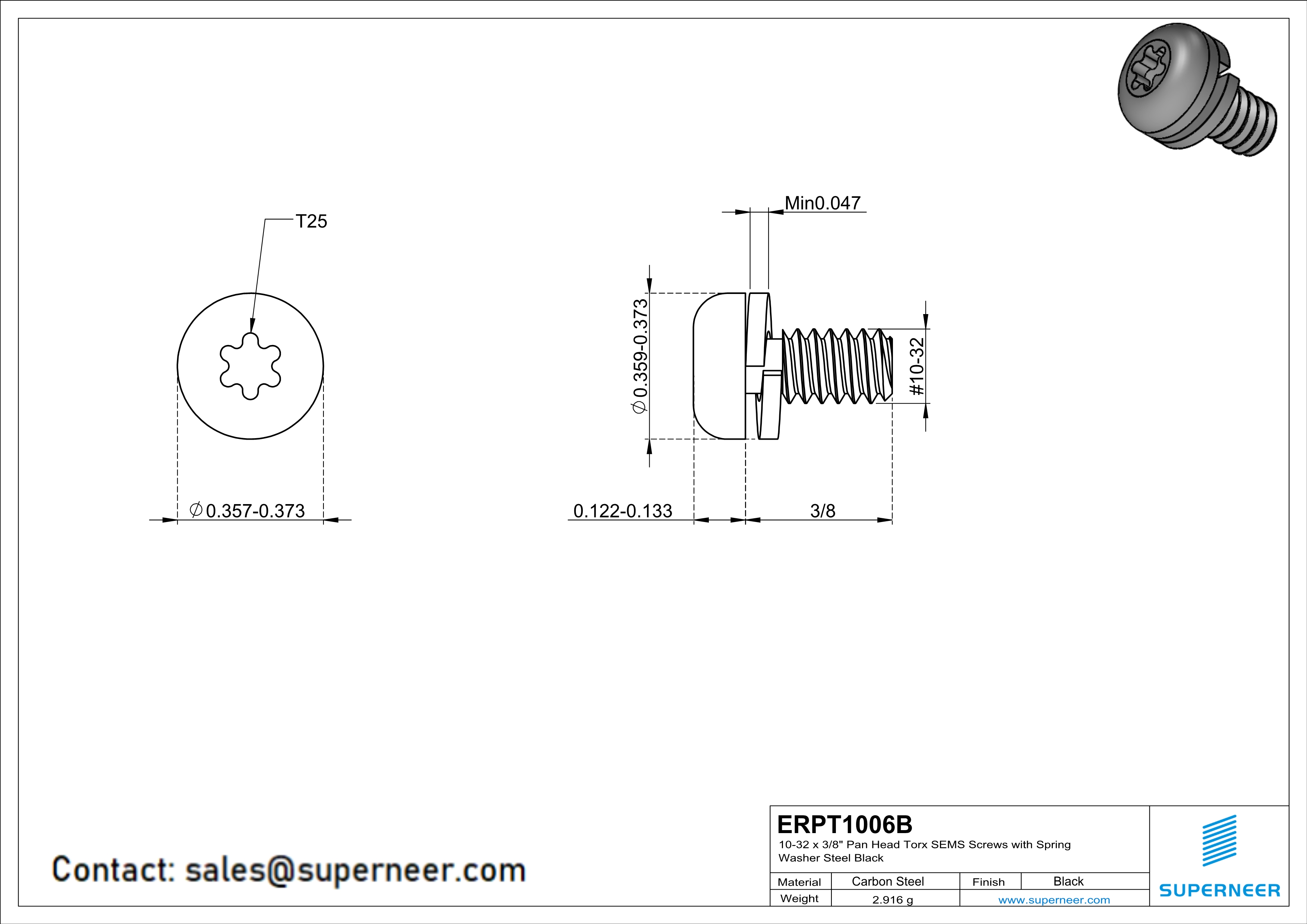 10-32 x 3/8" Pan Head Torx SEMS Screws with Spring Washer Steel Black