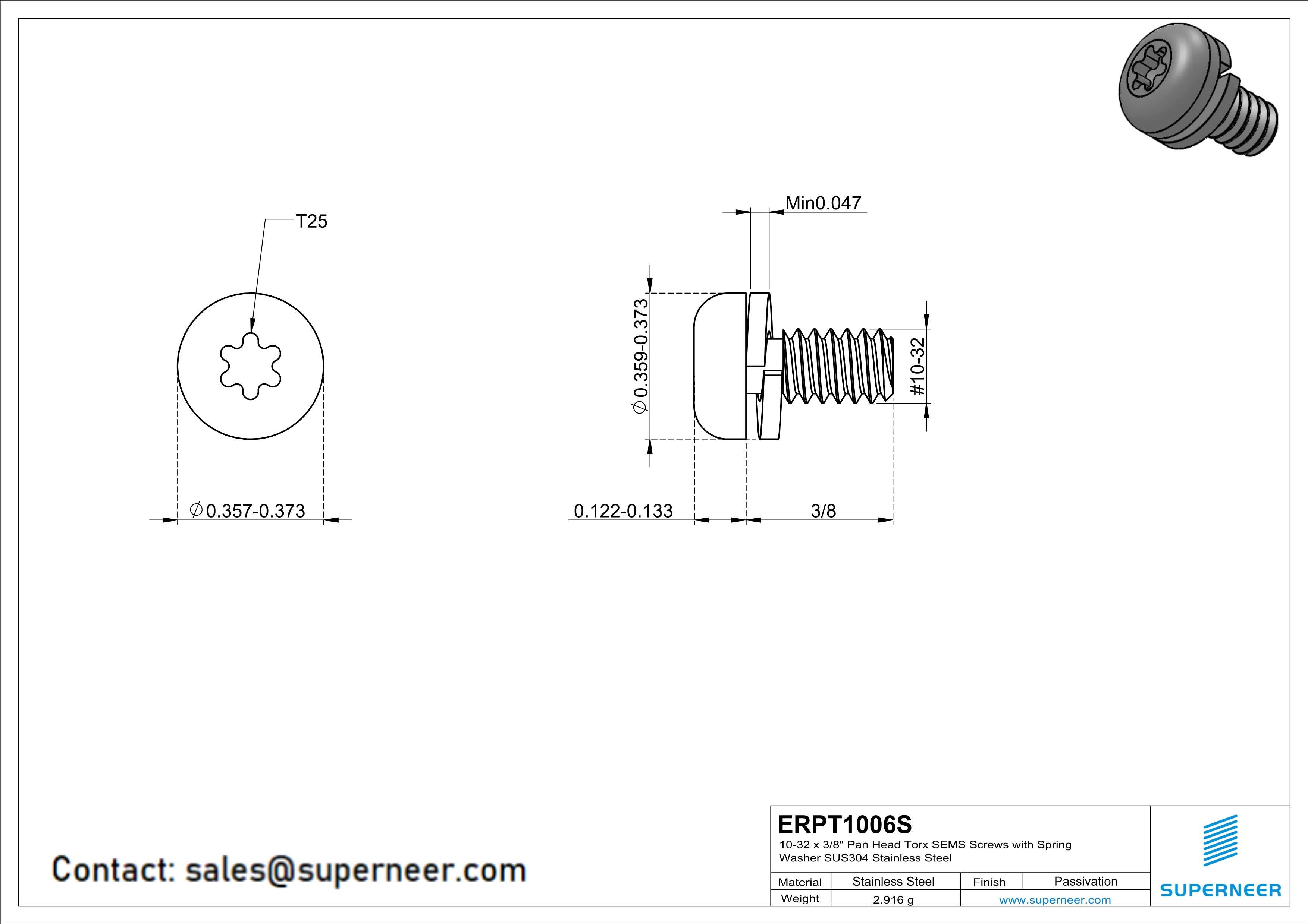 10-32 x 3/8" Pan Head Torx SEMS Screws with Spring Washer SUS304 Stainless Steel Inox