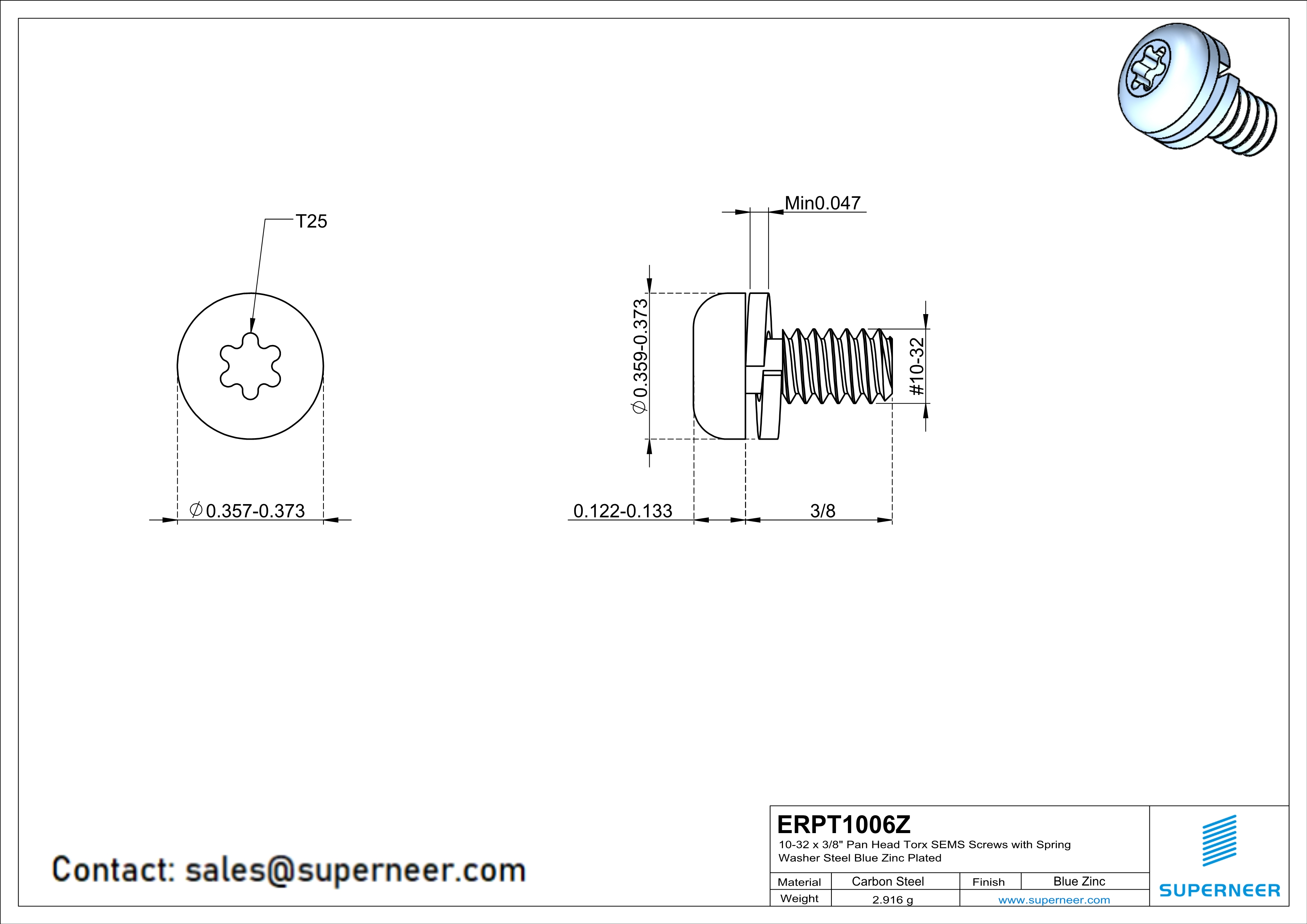 10-32 x 3/8" Pan Head Torx SEMS Screws with Spring Washer Steel Blue Zinc Plated