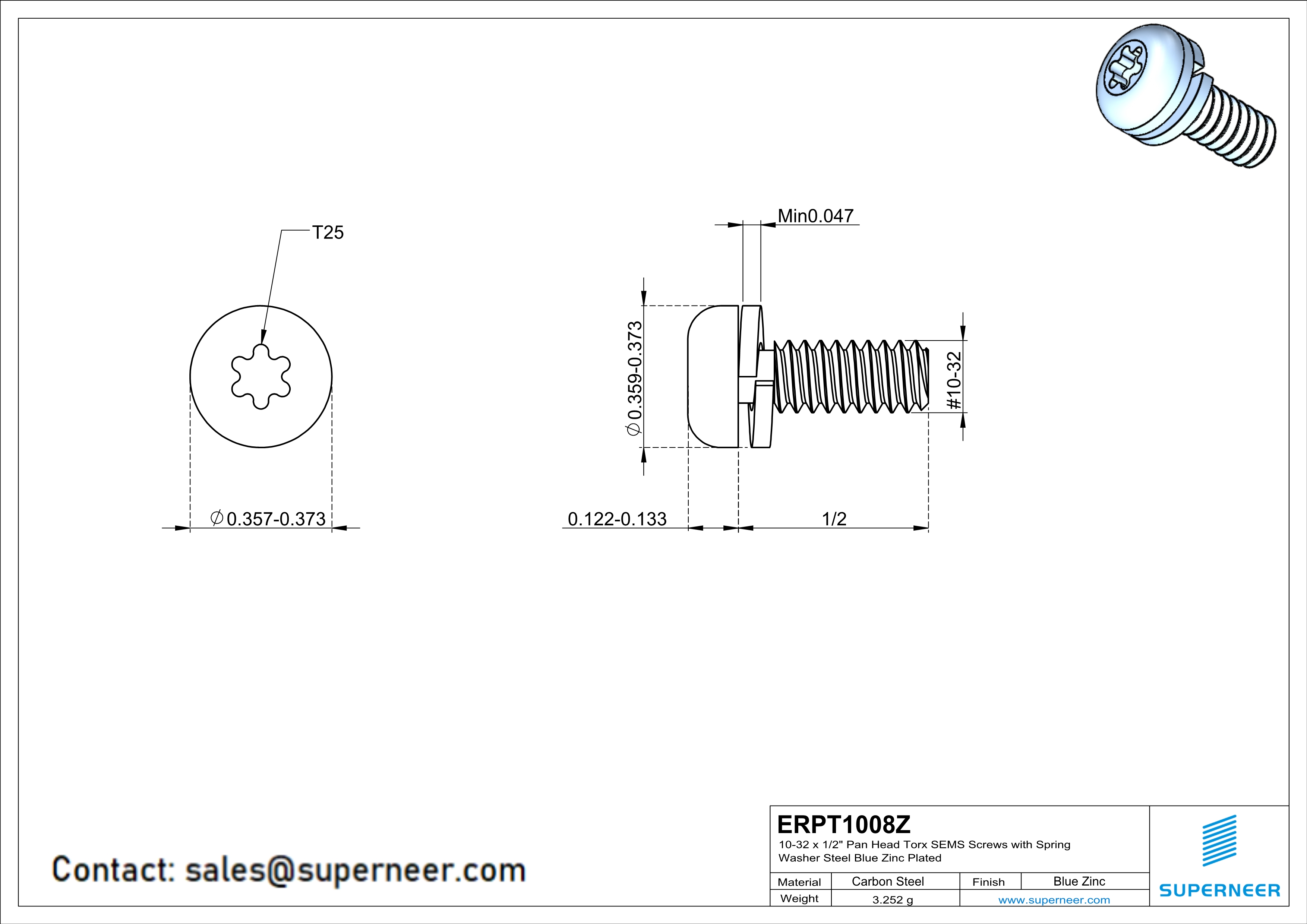 10-32 x 1/2" Pan Head Torx SEMS Screws with Spring Washer Steel Blue Zinc Plated
