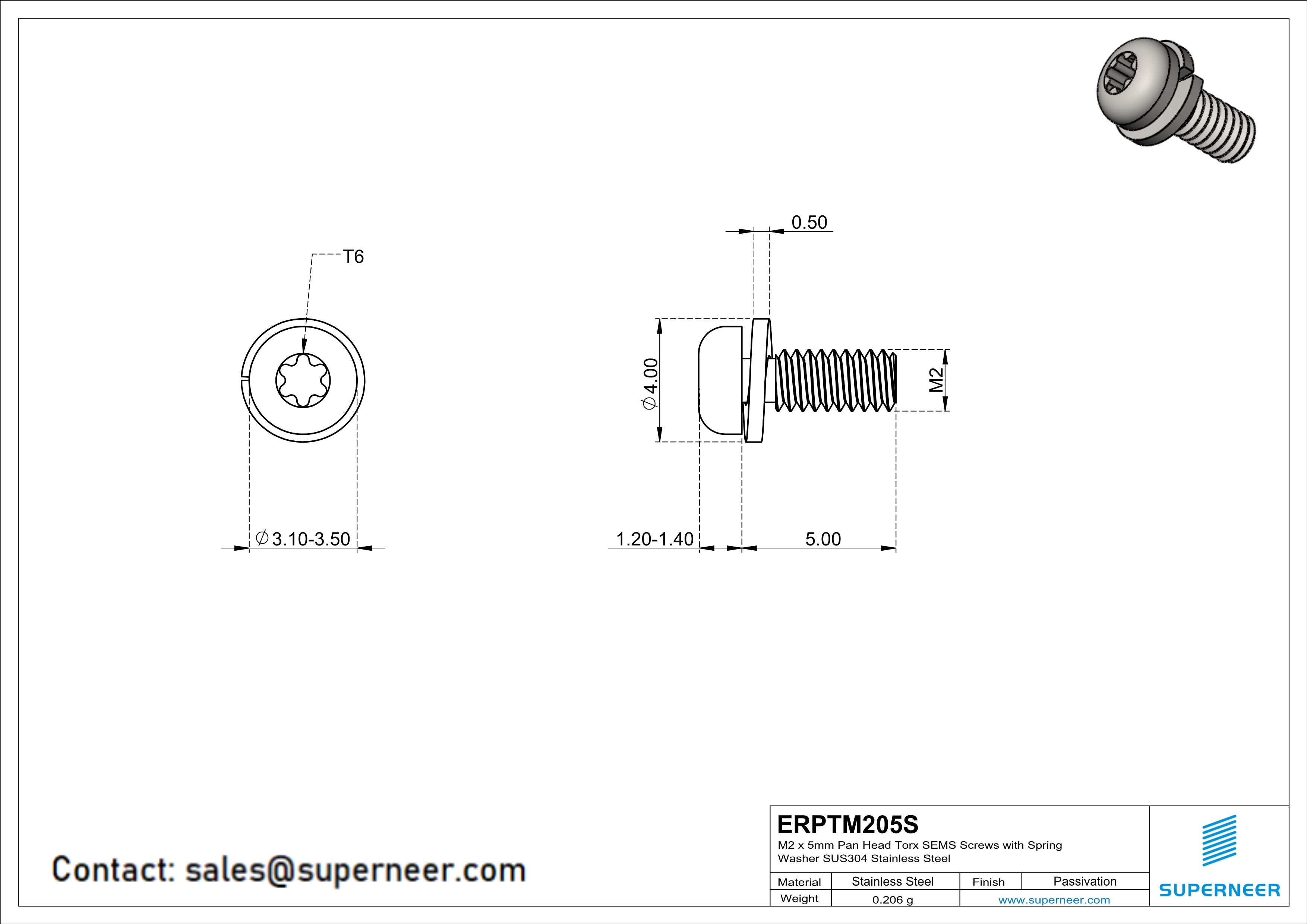 M2 x 5mm Pan Head Torx SEMS Screws with Spring Washer SUS304 Stainless Steel Inox