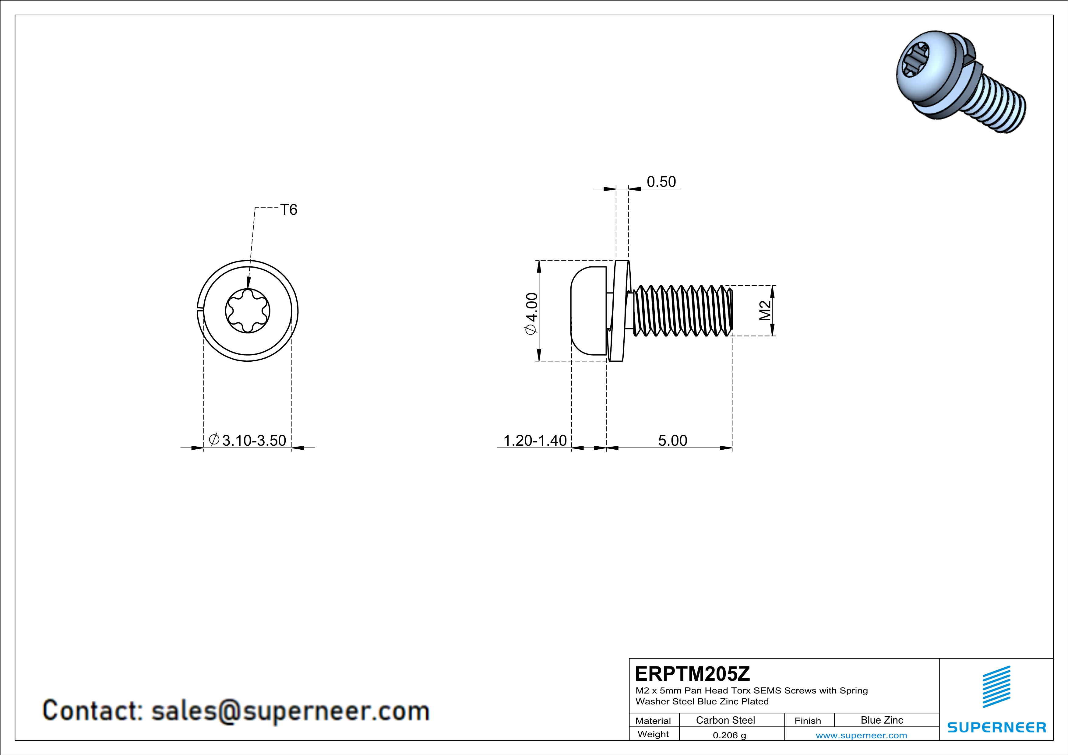 M2 x 5mm Pan Head Torx SEMS Screws with Spring Washer Steel Blue Zinc Plated