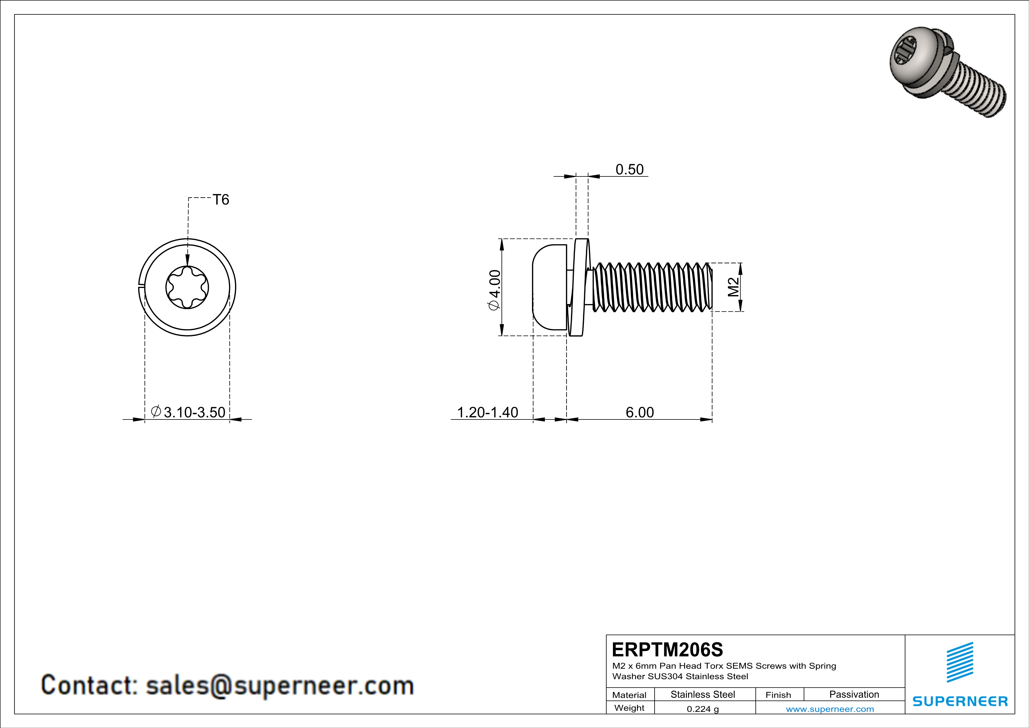 M2 x 6mm Pan Head Torx SEMS Screws with Spring Washer SUS304 Stainless Steel Inox